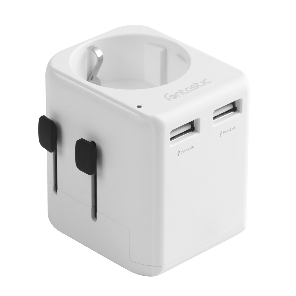 Ein weißer Universalreiseadapter mit zwei USB-Anschlüssen und einziehbaren Steckern.