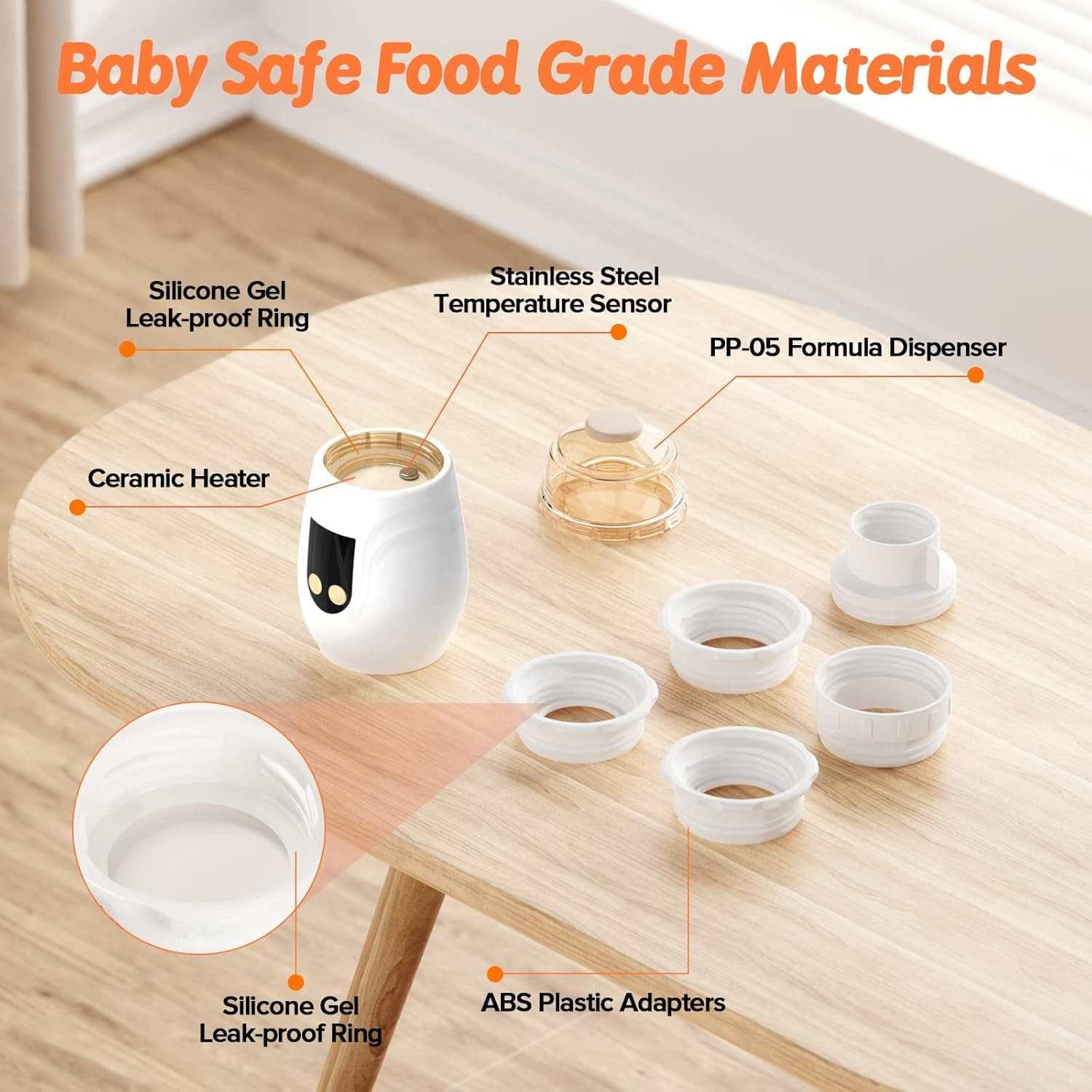 Babysichere Materialien in Lebensmittelqualität: Keramikheizer, Spender, Sensor, Ringe, Adapter.