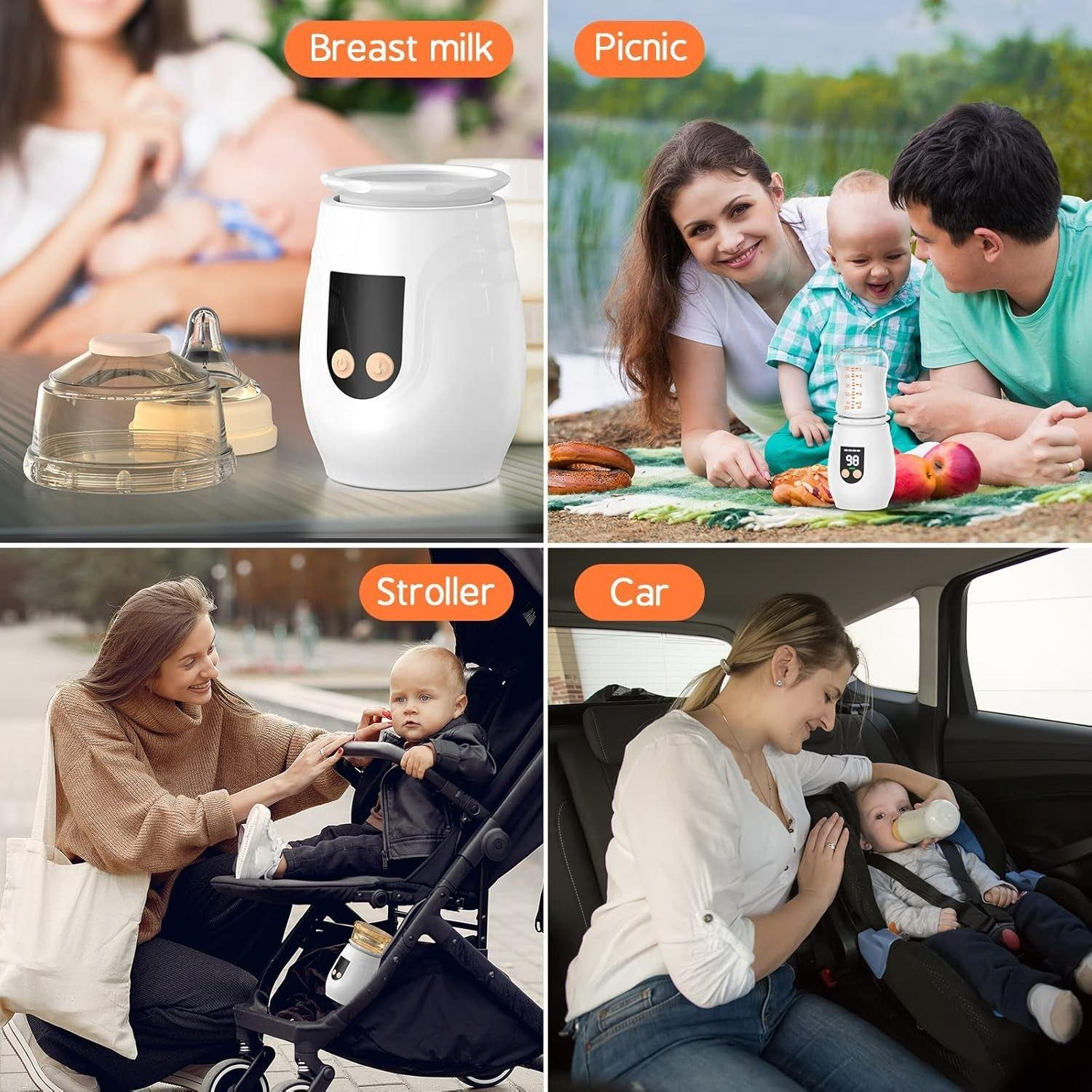 Vier Szenen zeigen einen Flaschenwärmer: mit Muttermilch, beim Picknick, im Kinderwagen und im Auto.