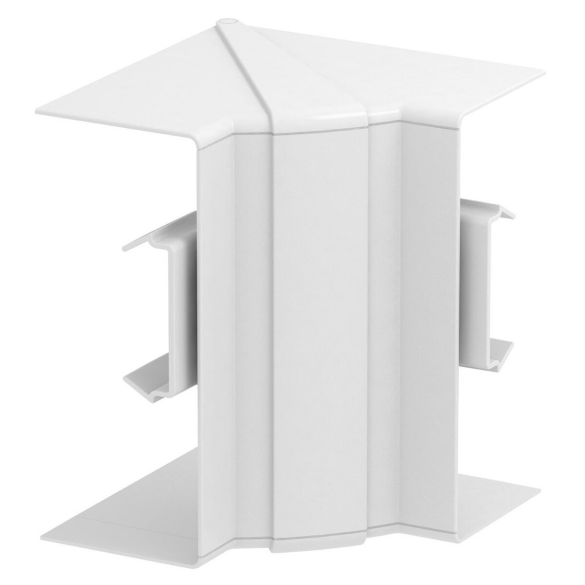 Un connettore d'angolo bianco con scanalature verticali e un top inclinato.
