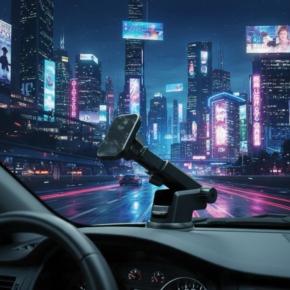 Geceleri neon ışıklı fütüristik bir şehrin ön camından görünümü.