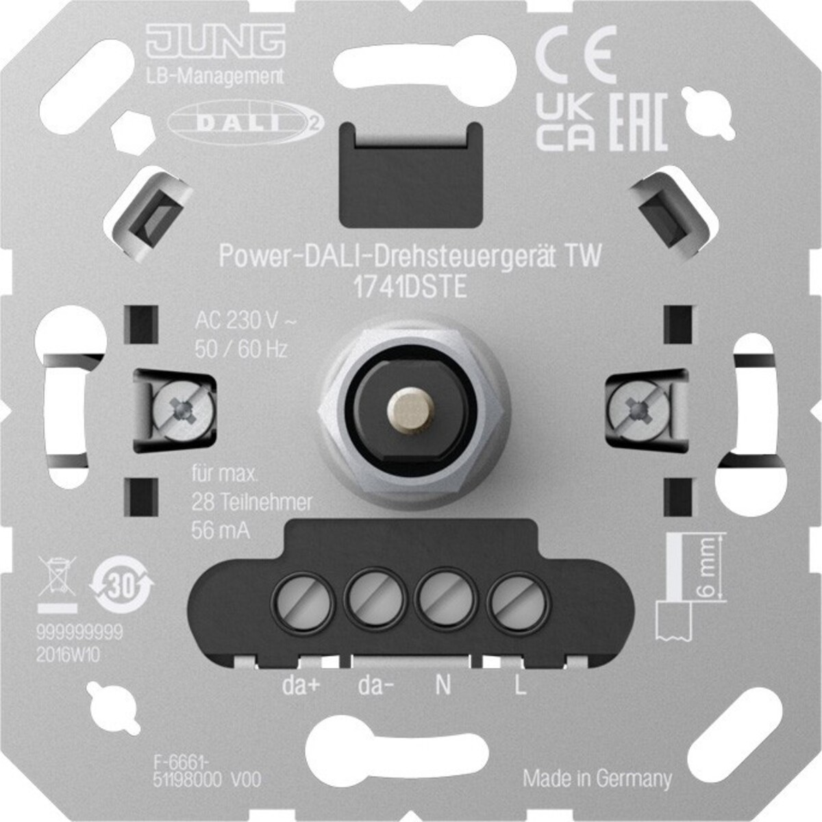 Controller rotante argentato con etichette: JUNG, DALI 2, 1741DSTE, Made in Germany.