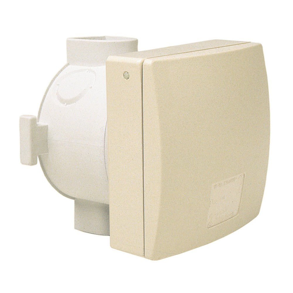 Unità ventilatore bianca e rotonda con scatola beige sul lato destro.