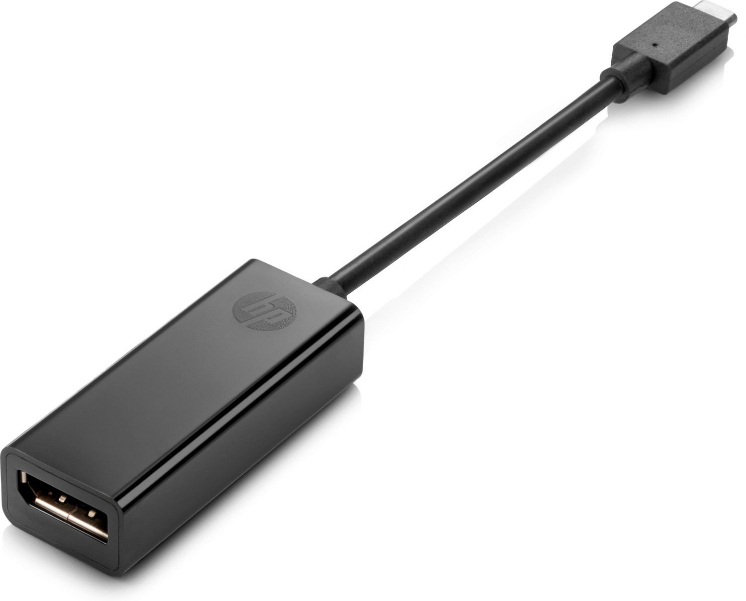 Adattatore HP nero con porte USB-C e HDMI su sfondo bianco.