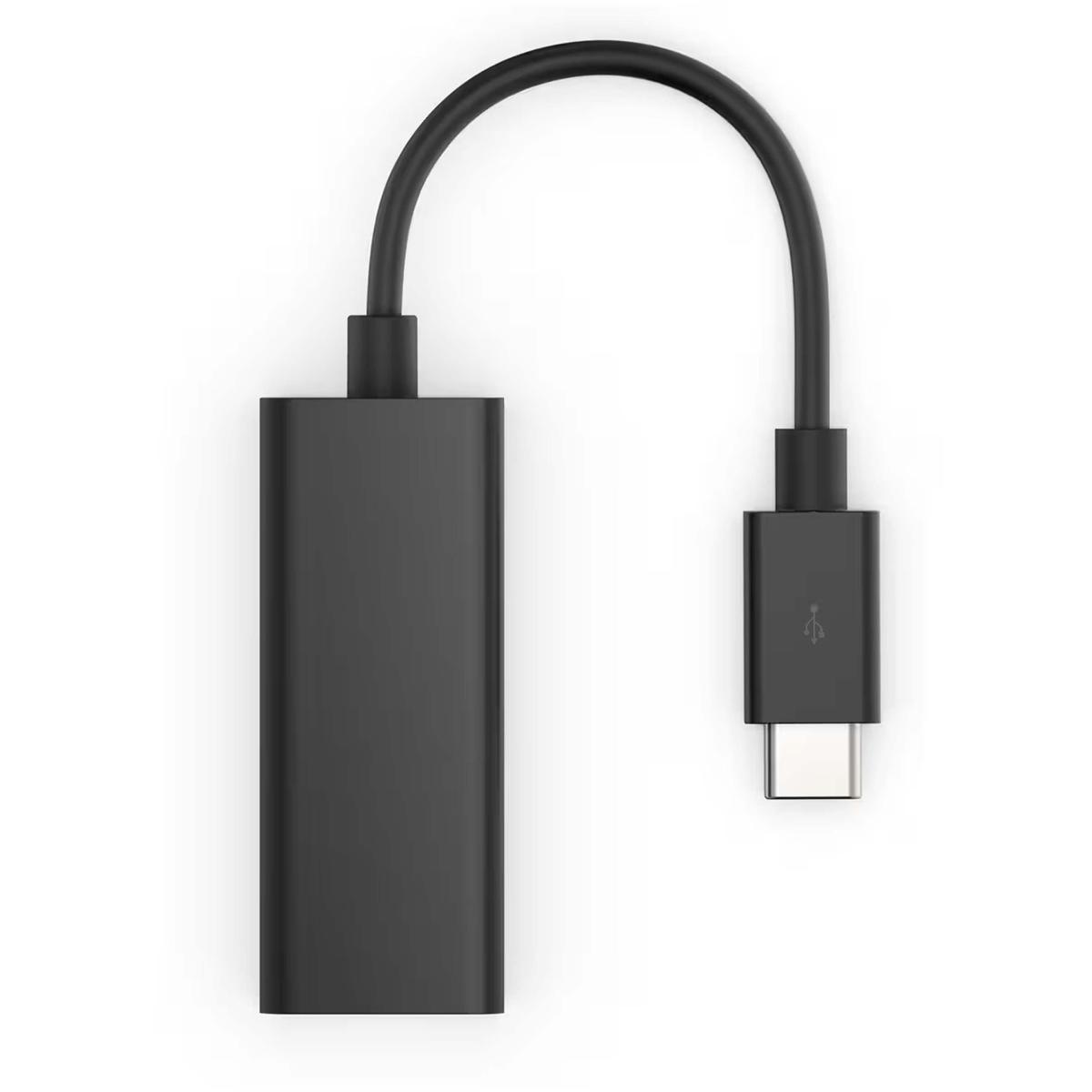 Cavo USB-C nero con un connettore rettangolare e un connettore rettangolare più piccolo.