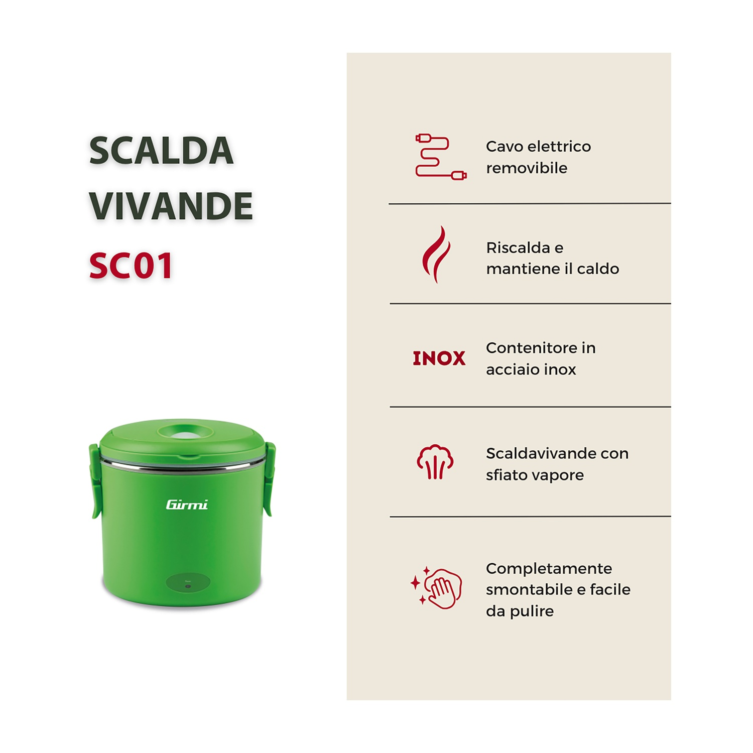 Scaldavivande Girmi SC01 verde con cavo rimovibile, contenitore in acciaio.