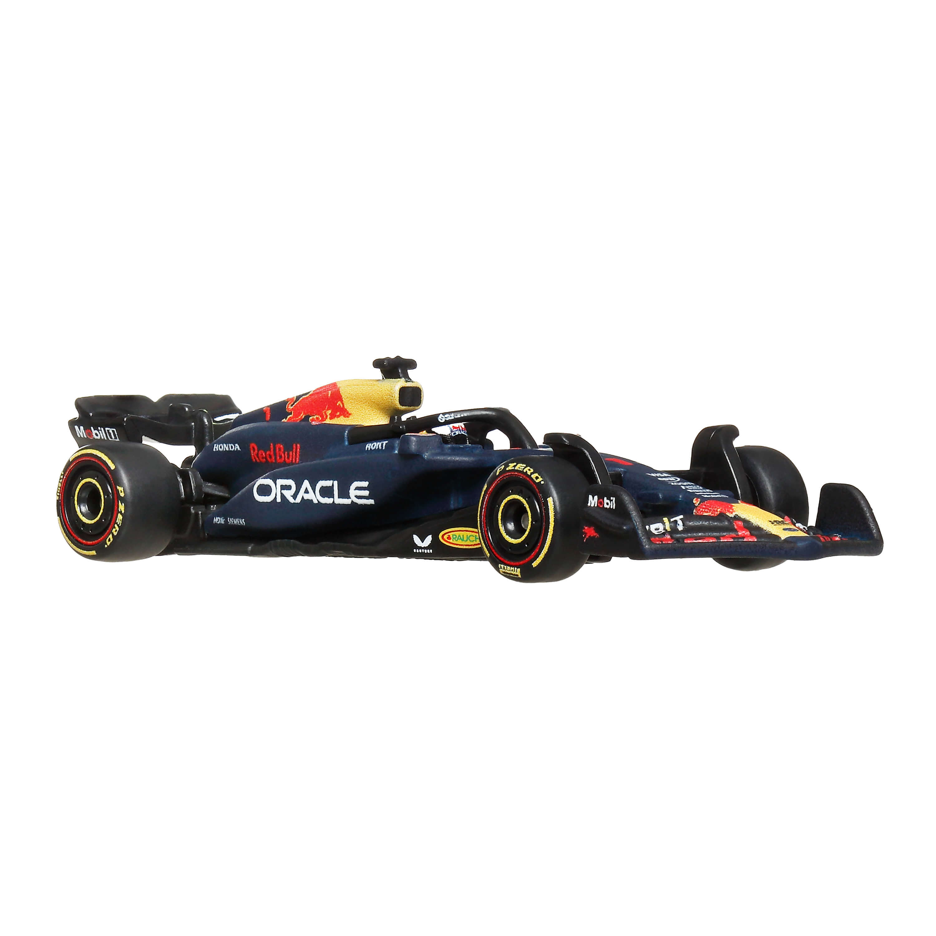 Un coche de Fórmula 1 azul de Red Bull con logos de Oracle y Honda, mostrado de lado.