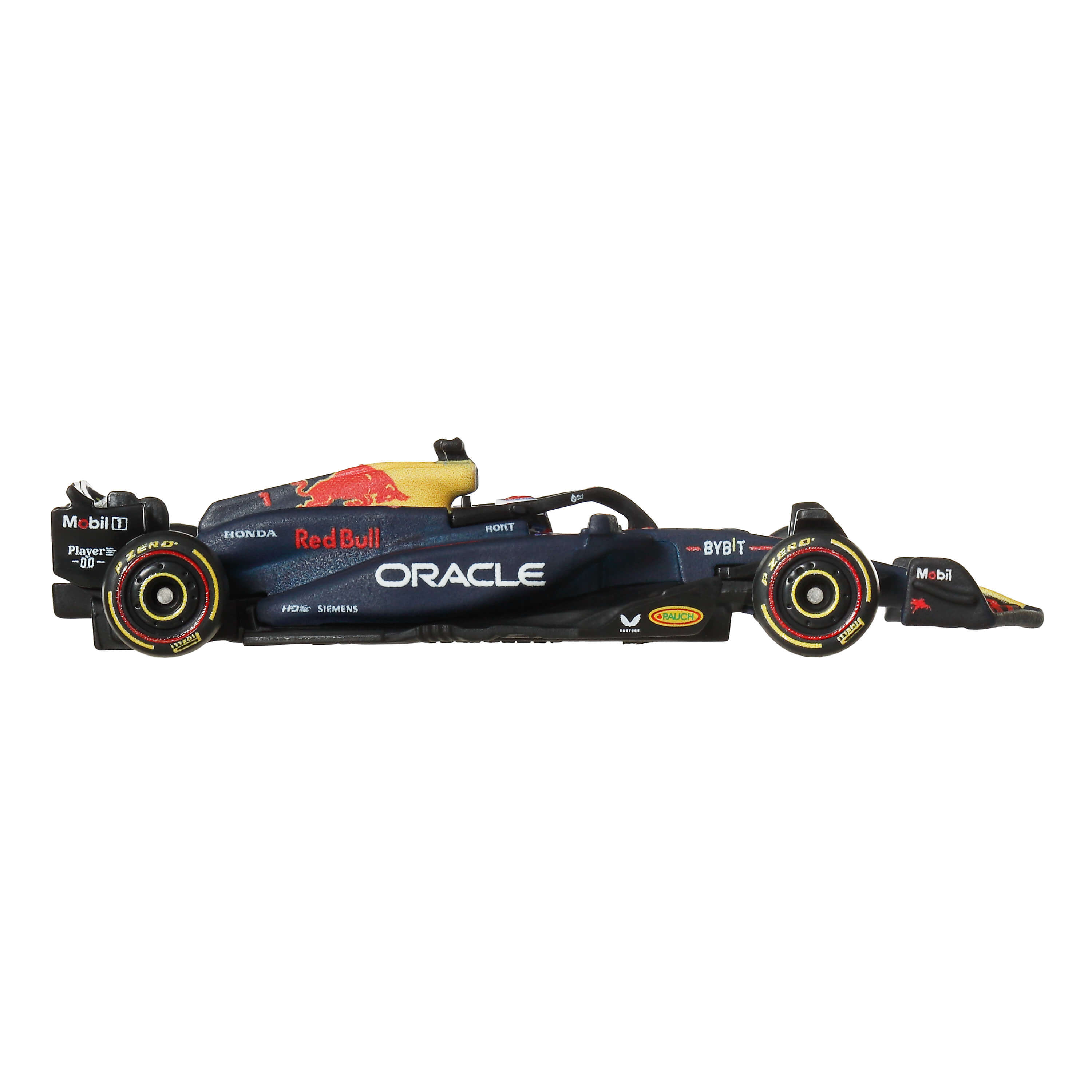 Un coche de Fórmula 1 azul oscuro con logos de Red Bull y Oracle sobre fondo blanco.