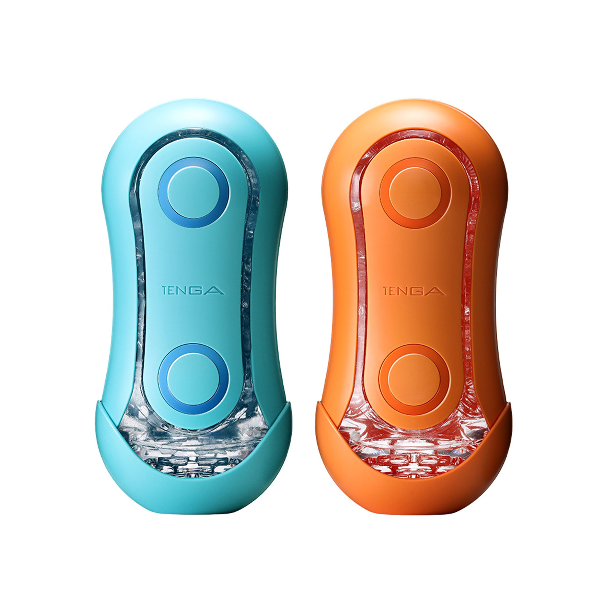 Dos productos Tenga uno al lado del otro, uno azul, otro naranja, con inserto texturizado.