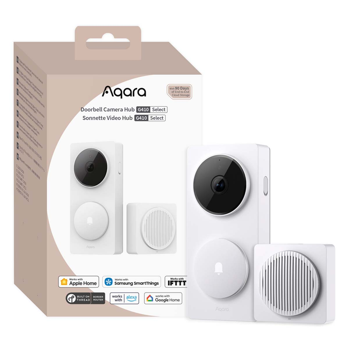 Hub e campanello videocamera Aqara. Dispositivi bianchi con obiettivo fotocamera nero.