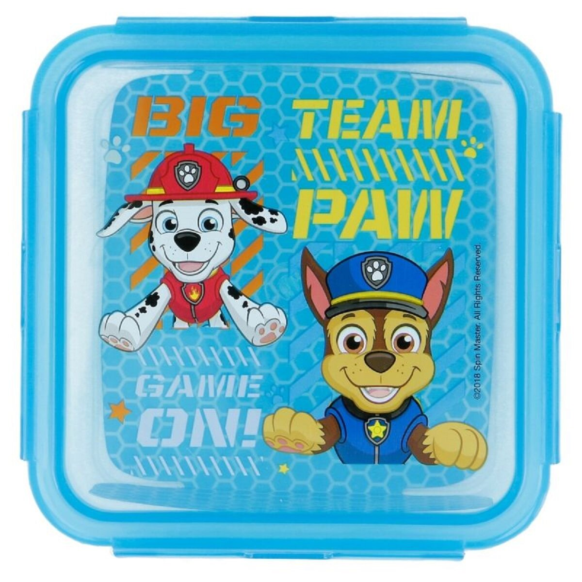 Fiambrera azul con los personajes de Paw Patrol Marshall y Chase. El texto dice 'BIG TEAM PAW GAME ON!'