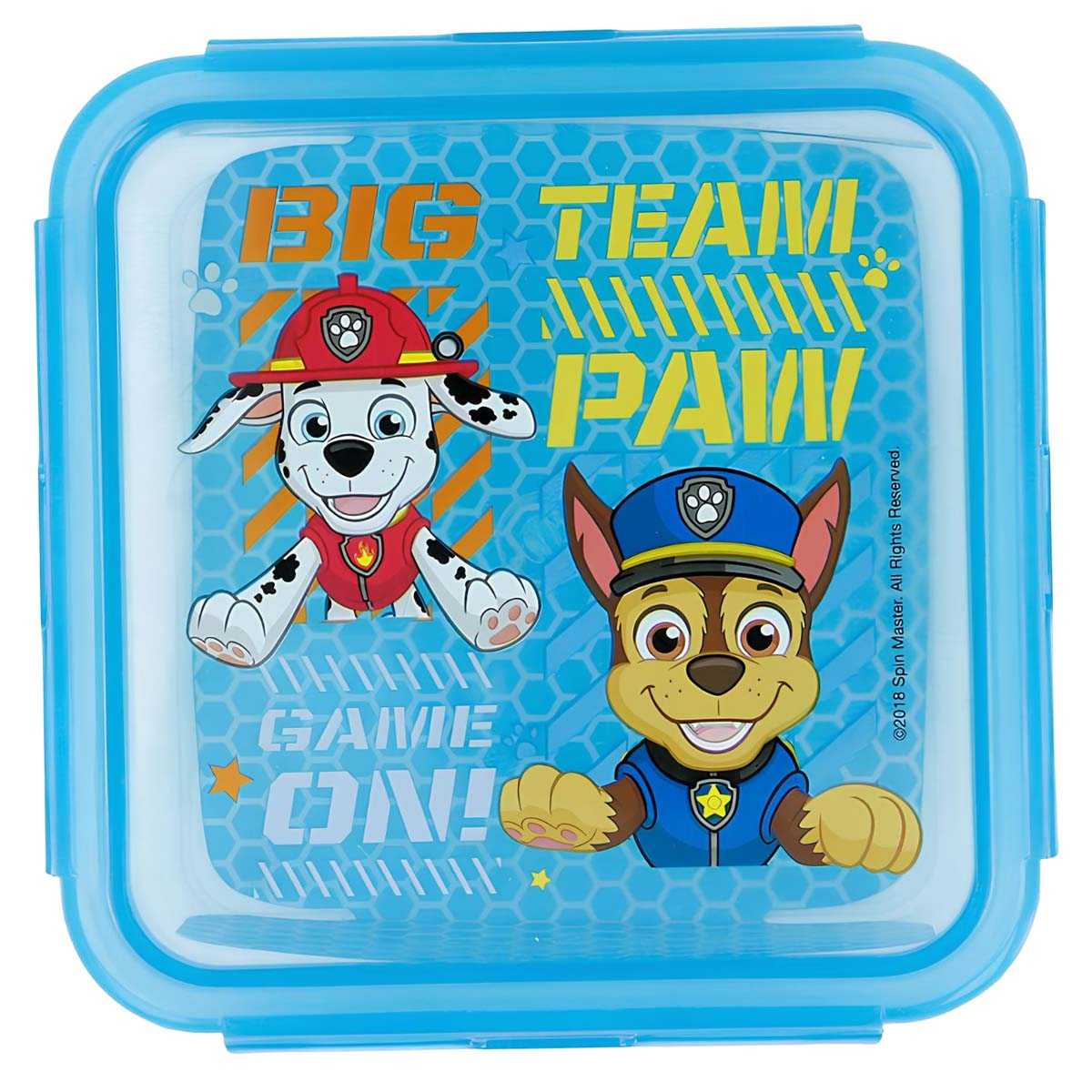 Fiambrera azul con los personajes de Paw Patrol, Marshall y Chase.