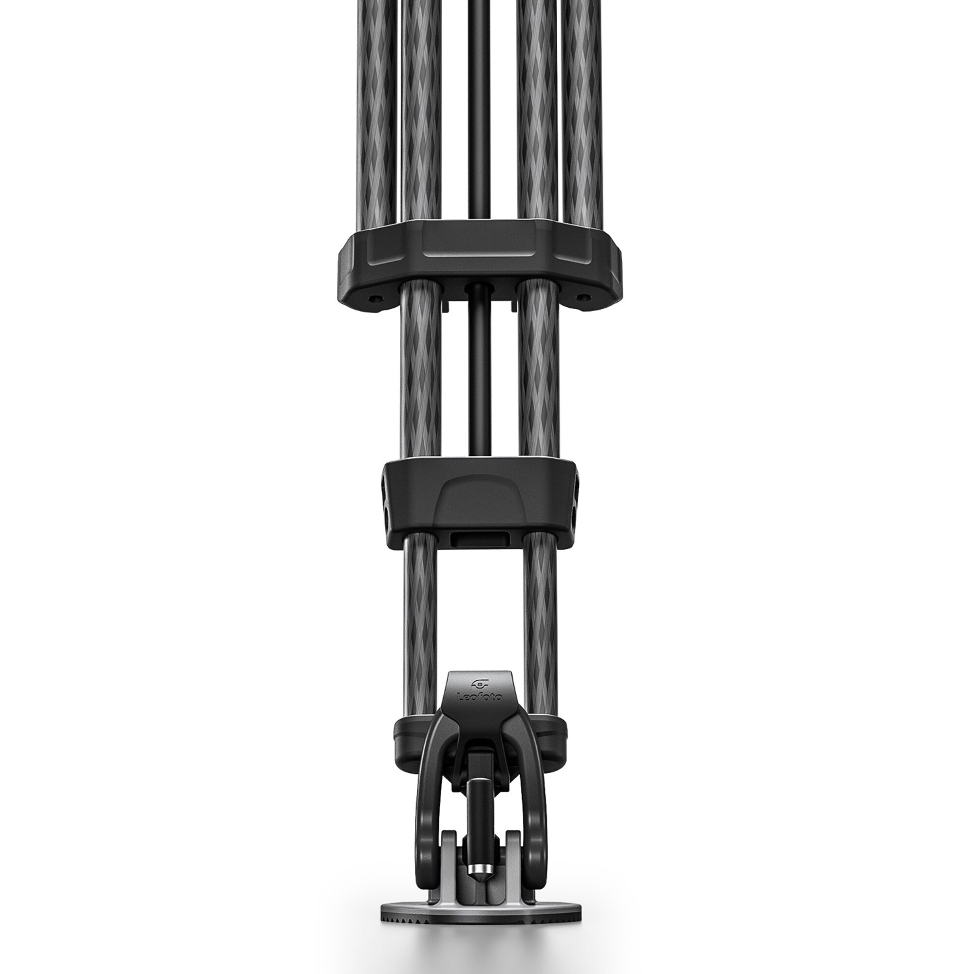 Schwarze Carbonfaser-Stativbeine mit Mittelsäule und schwarzen Verriegelungsmechanismen.