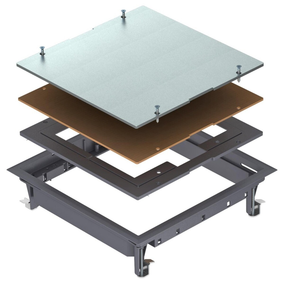 Vista esplosa di un sistema di pavimento sopraelevato con pannello metallico, composito legno, telaio.