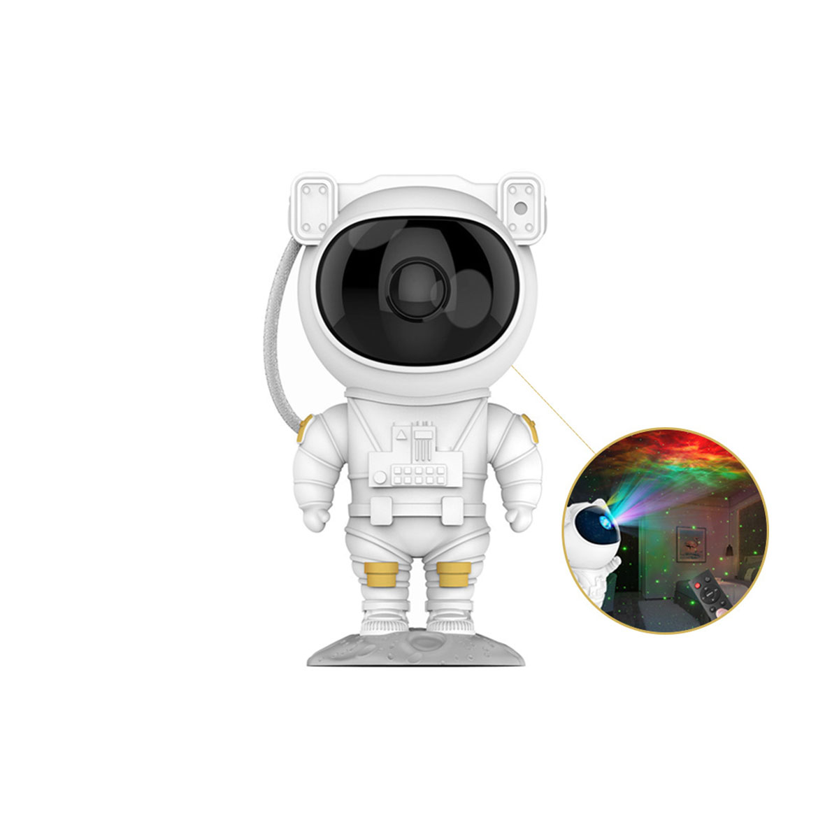 Figurine d'astronaute blanche avec scène de galaxie projetée dans un cercle.
