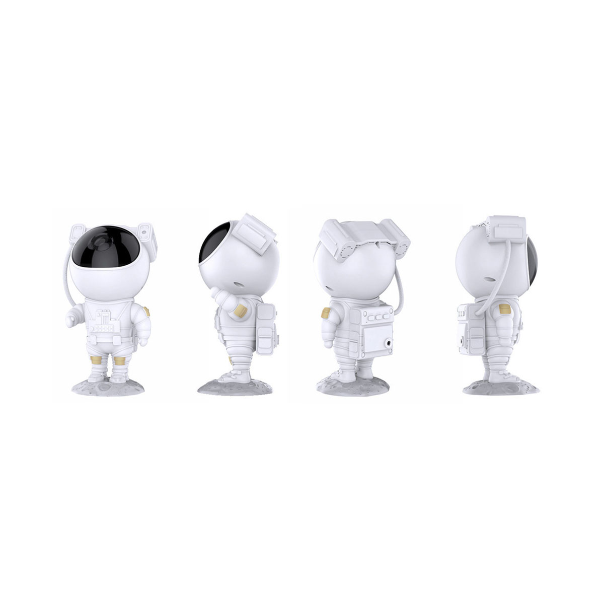 Quatre figurines d'astronautes blanches sur socles gris, vues de face et de côté.