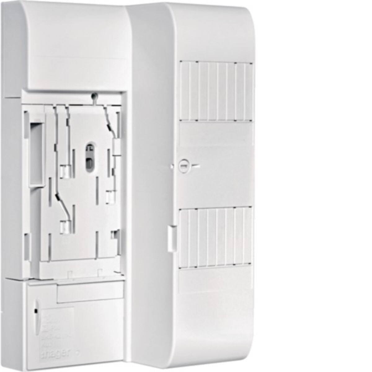 Alloggiamento elettrico bianco con fessure di montaggio interne e griglie di ventilazione.