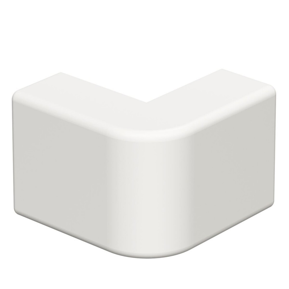Un pezzo d'angolo bianco a forma di L con bordi arrotondati su sfondo bianco.