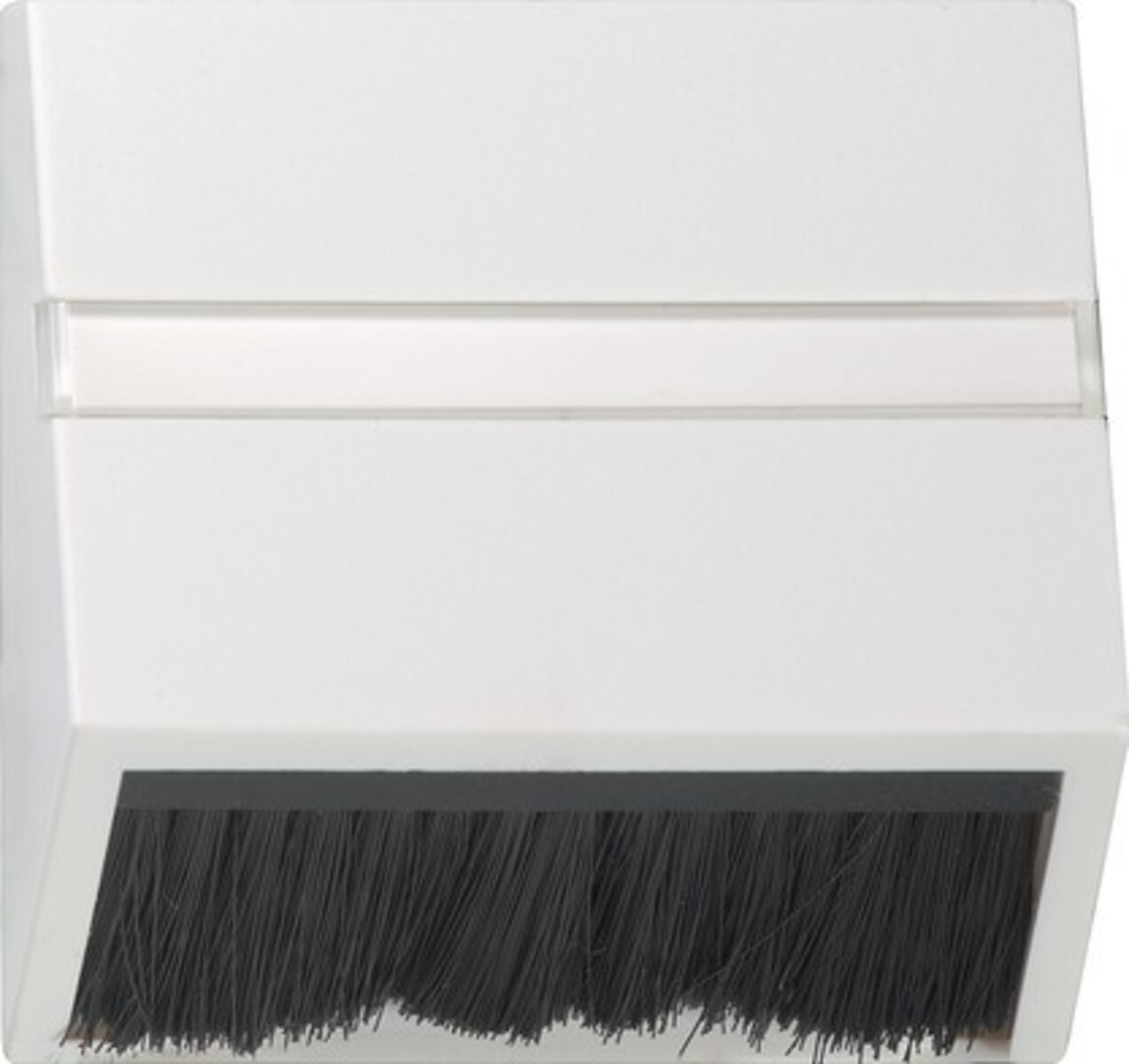Un distributore bianco da parete con fascia orizzontale trasparente e setole nere.