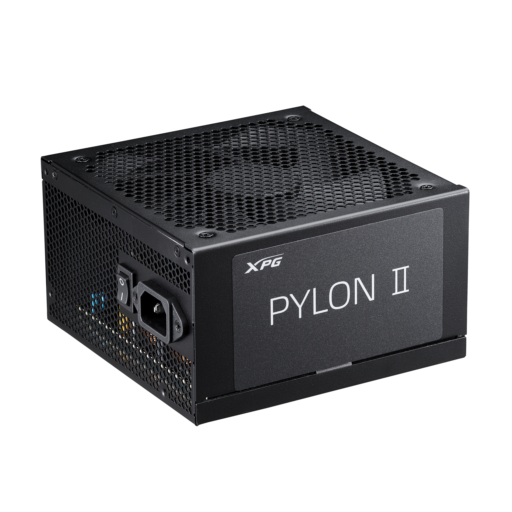 Ağ havalandırmalı ve güç anahtarlı siyah XPG PYLON II güç kaynağı.