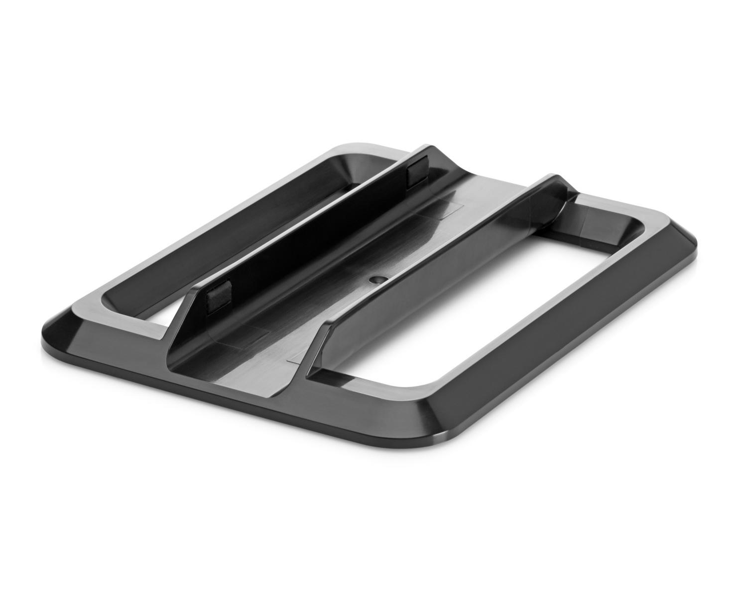 Un supporto in plastica grigio scuro con due scanalature parallele e base rettangolare.