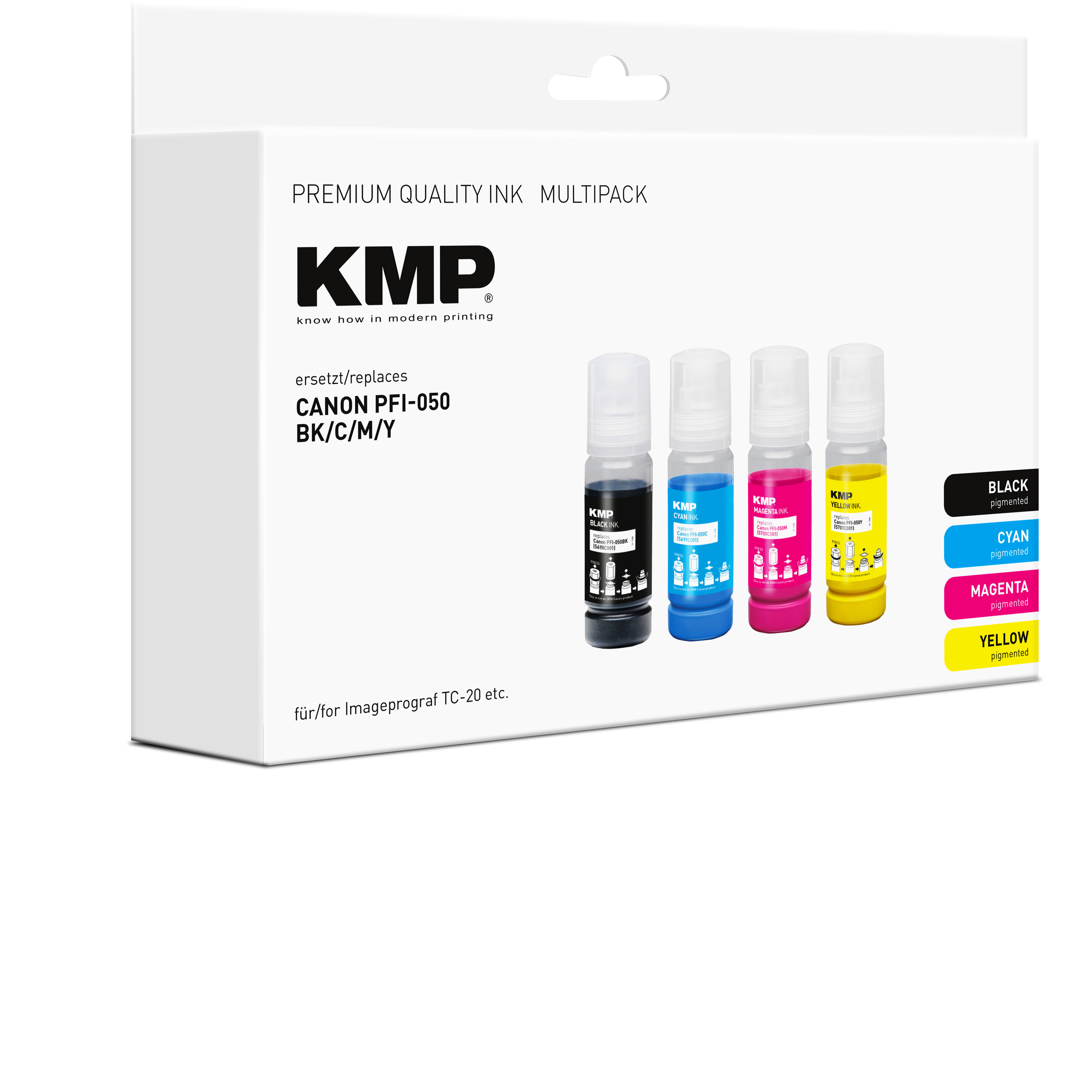 Multipack inchiostro KMP con bottiglie nere, ciano, magenta e gialle.