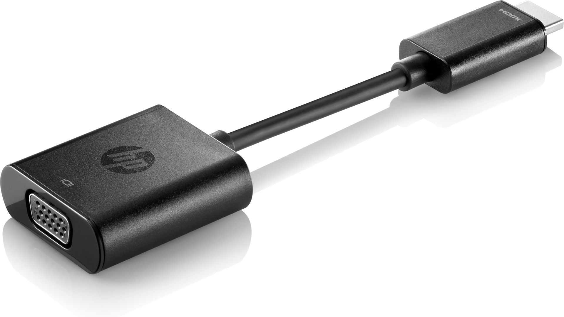 Adattatore HP USB-C a VGA nero con porta VGA e connettore HDMI.