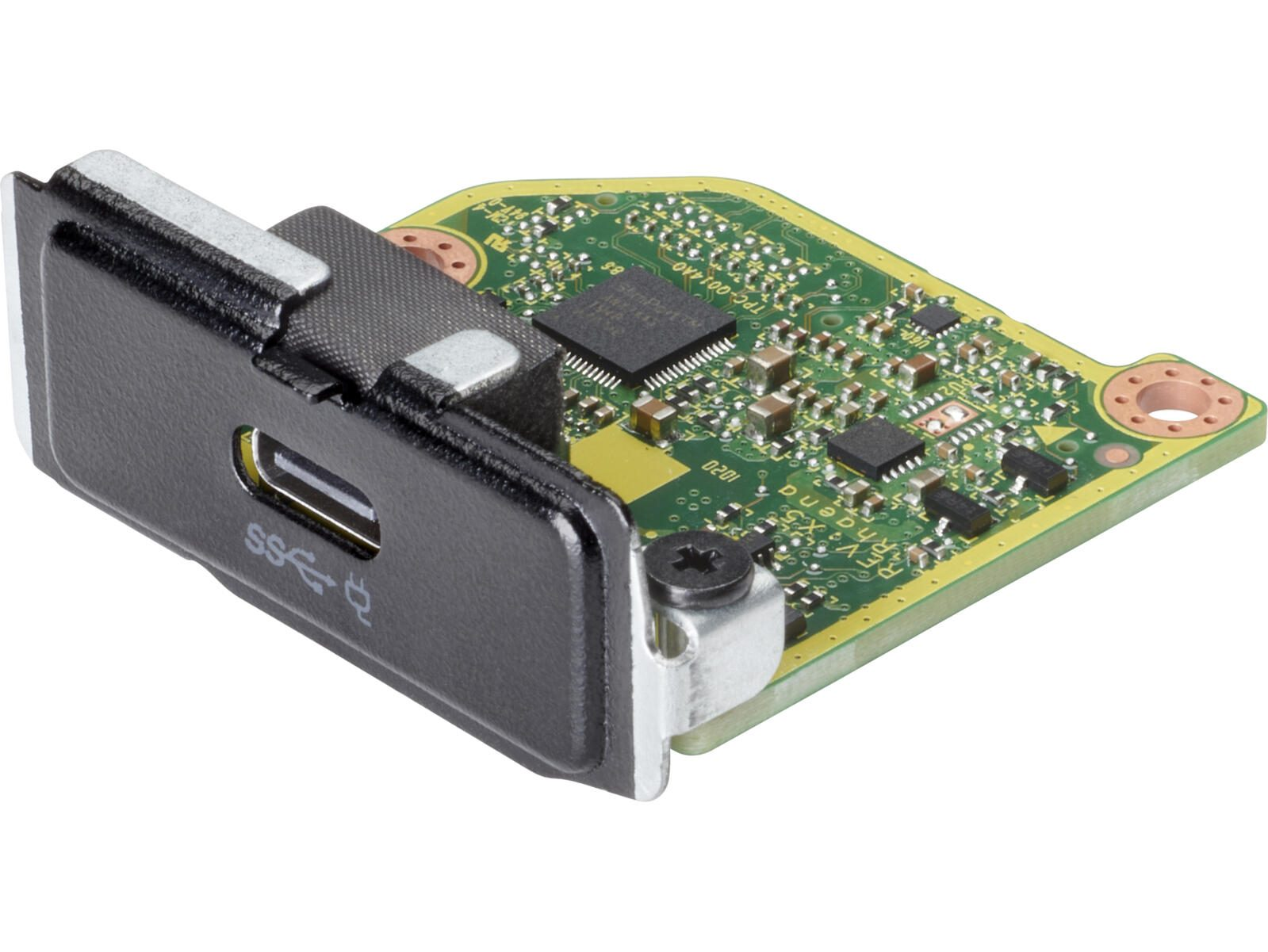 Connettore USB nero con logo SS attaccato a una scheda verde con chip.