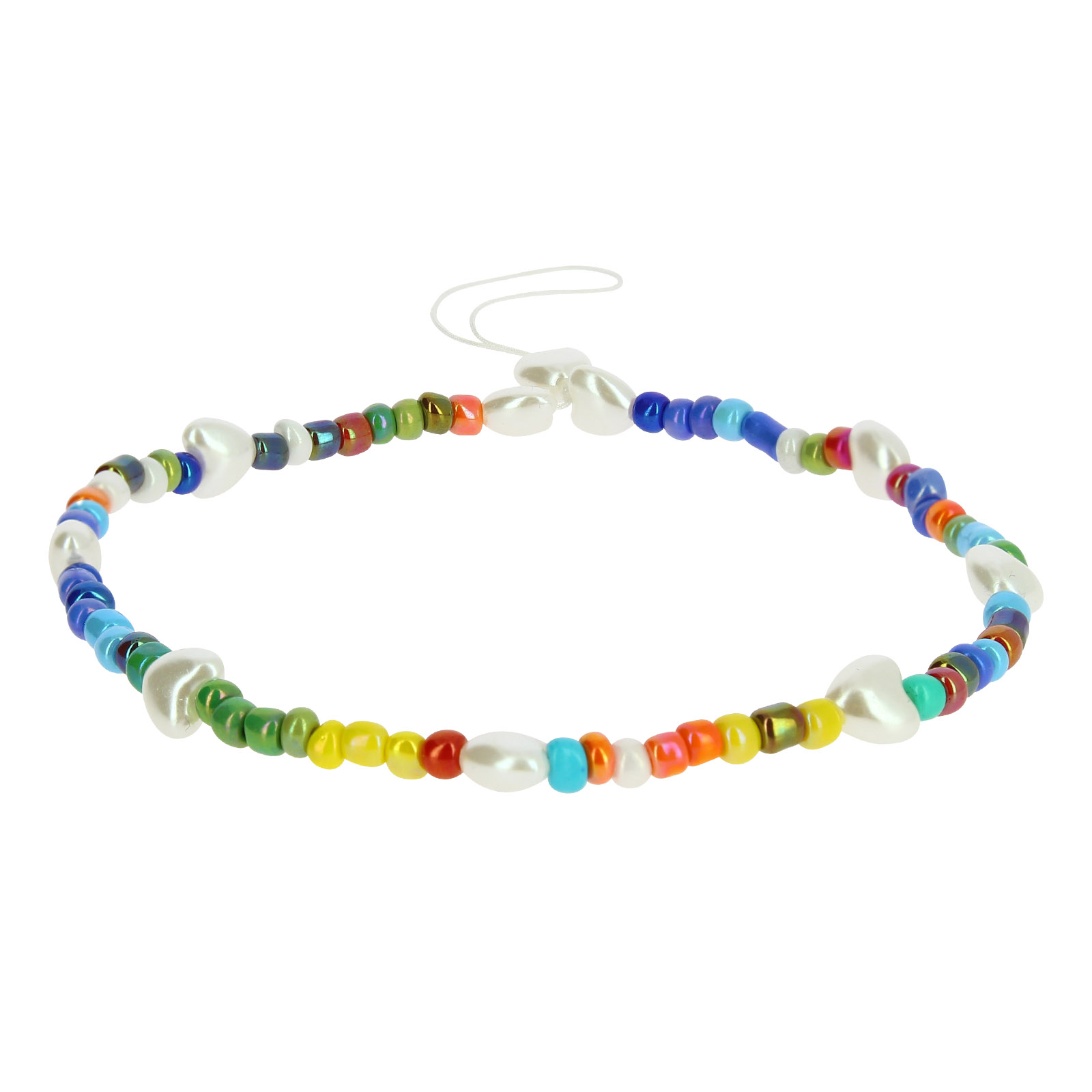 Bracciale colorato con perline a forma di cuore bianche e filo bianco.