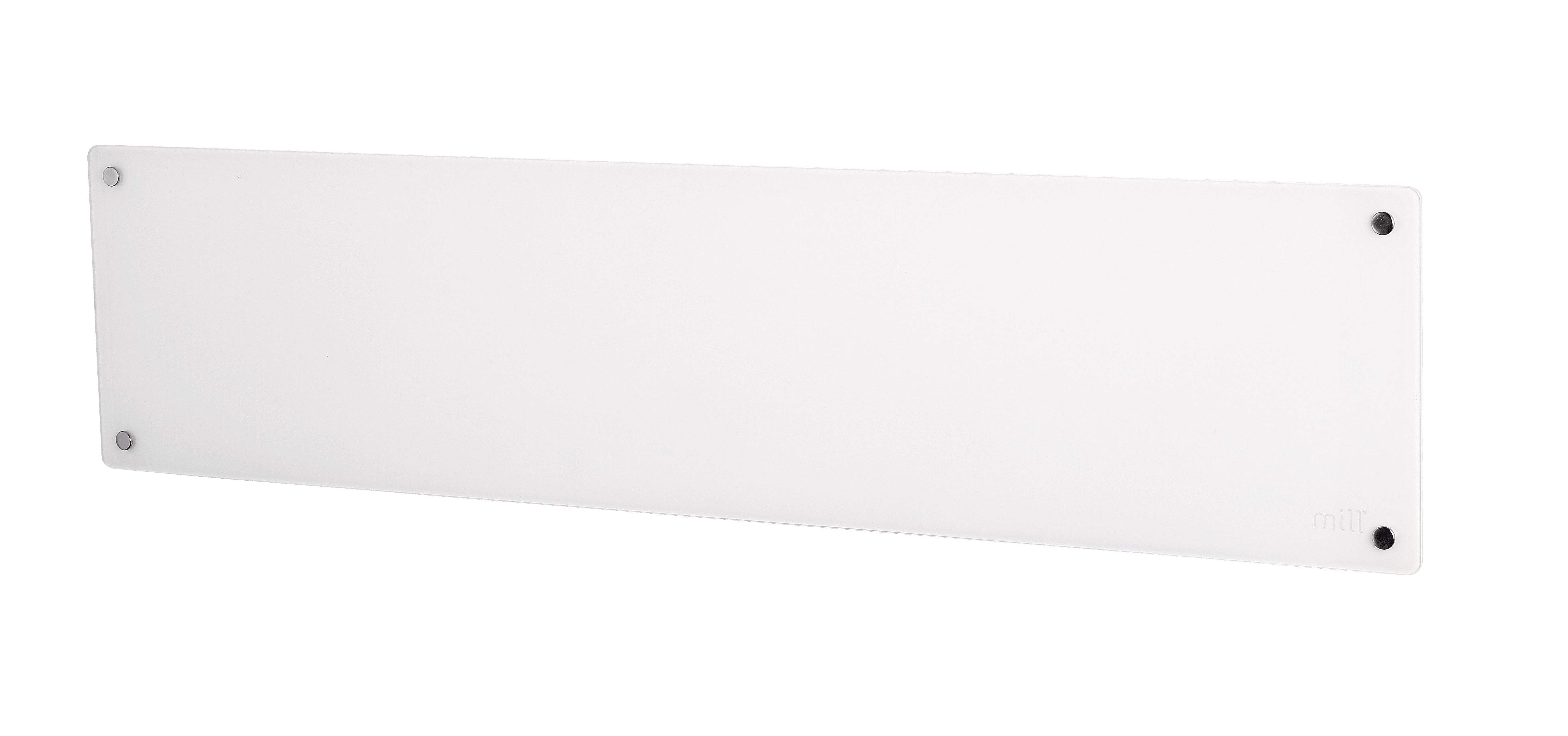 Een witte radiatorafdekking met vier bevestigingspunten en een logo.