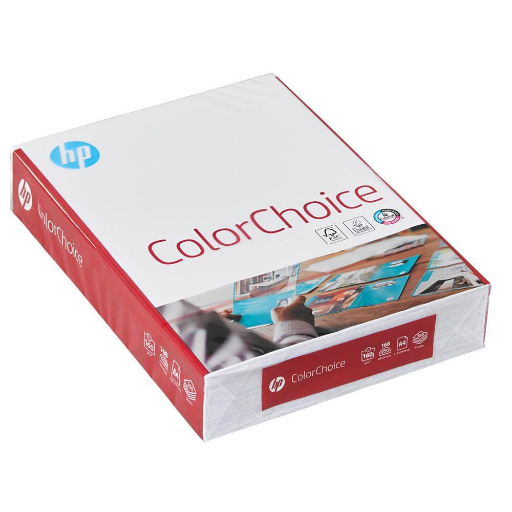Una scatola di carta HP ColorChoice con logo HP e bordo rosso. Formato A4.