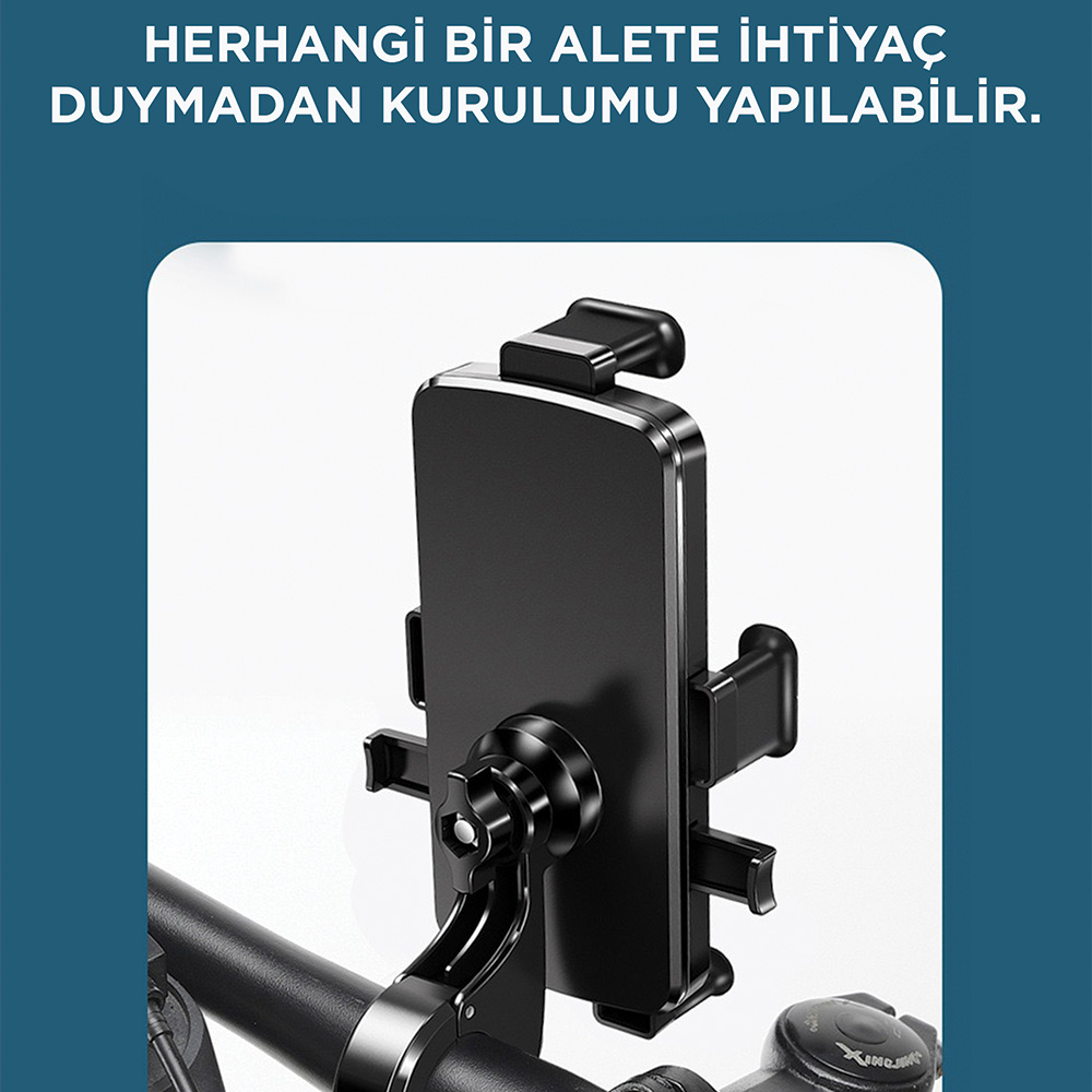 Siyah bir telefon tutucu bisiklet gidonuna takılmıştır.