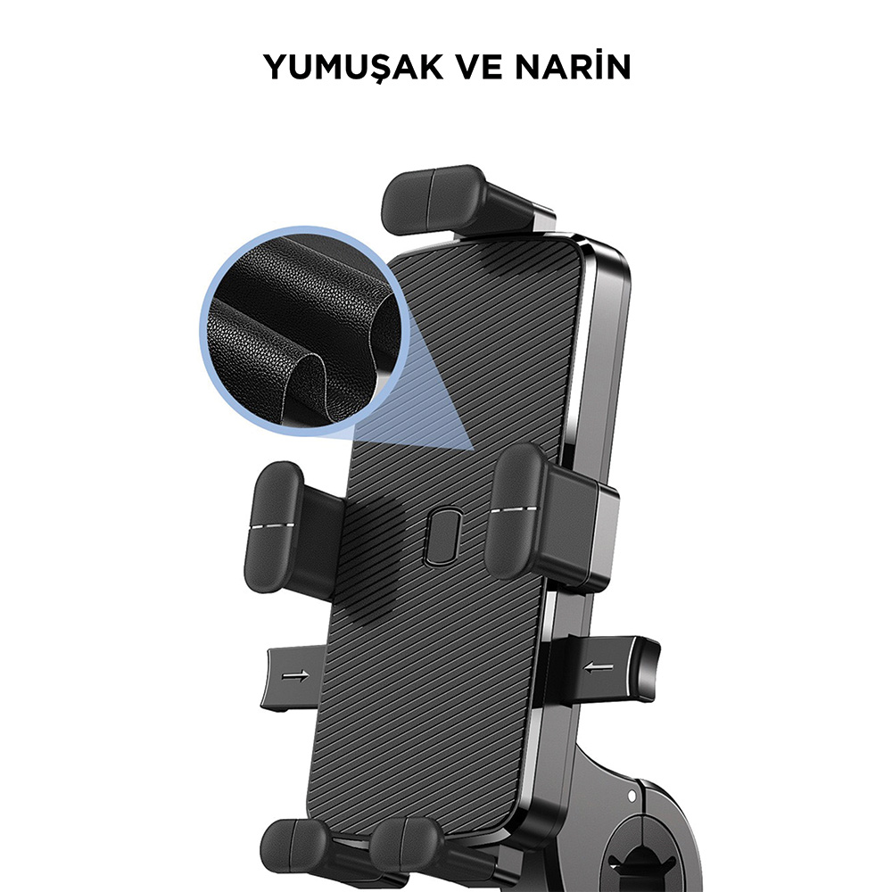 Yumuşak ve narin bir siyah telefon tutucu, ayarlanabilir kollu.