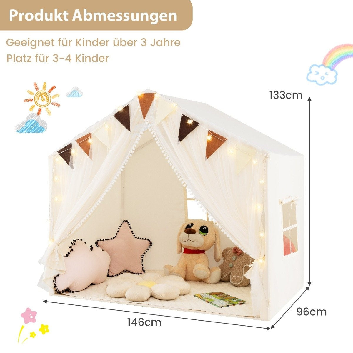 Una carpa de juegos blanca con banderas decorativas y luces, juguetes de peluche y cojines. Dimensiones mostradas.
