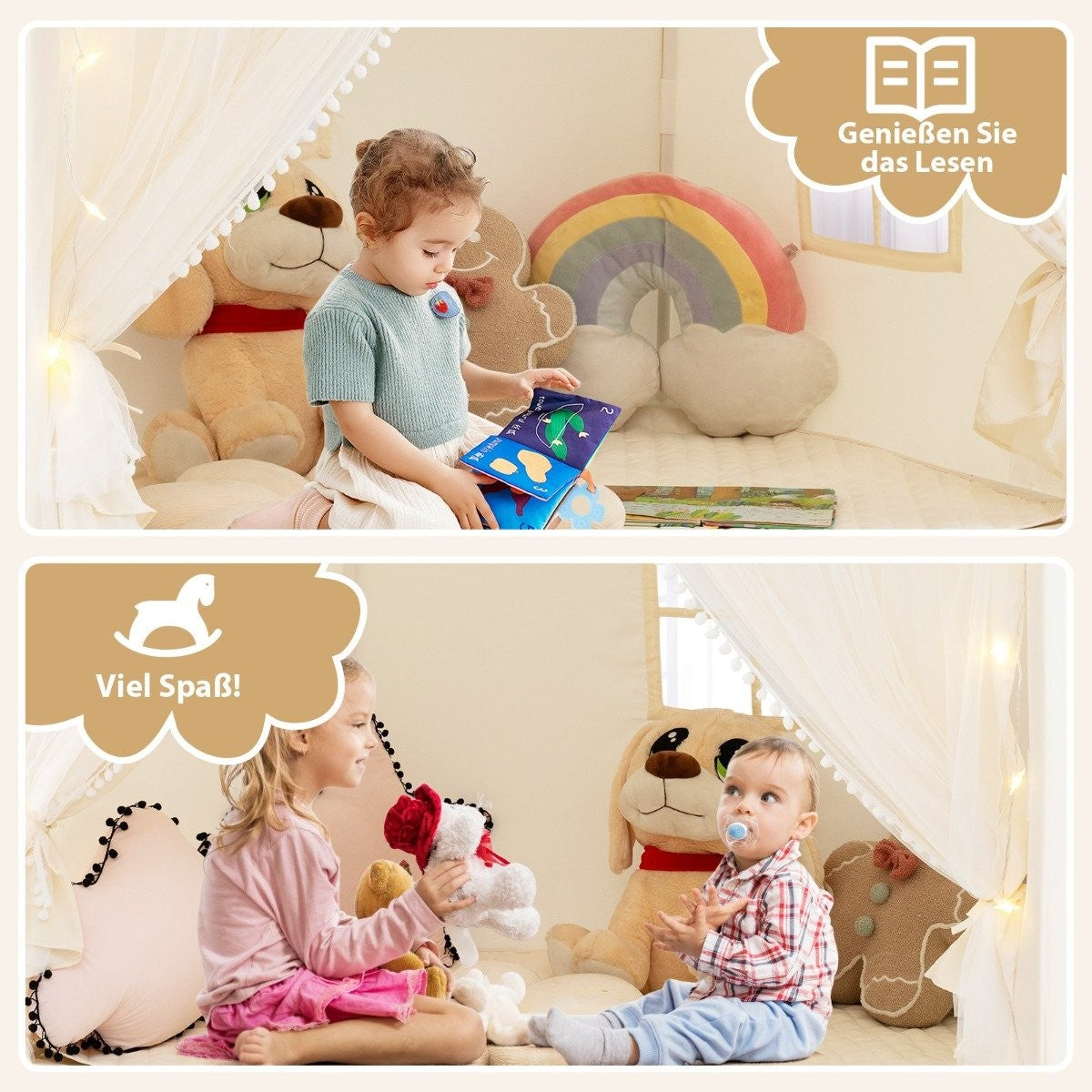 Dos escenas dentro de una tienda: arriba niño leyendo, abajo niños jugando con peluches.