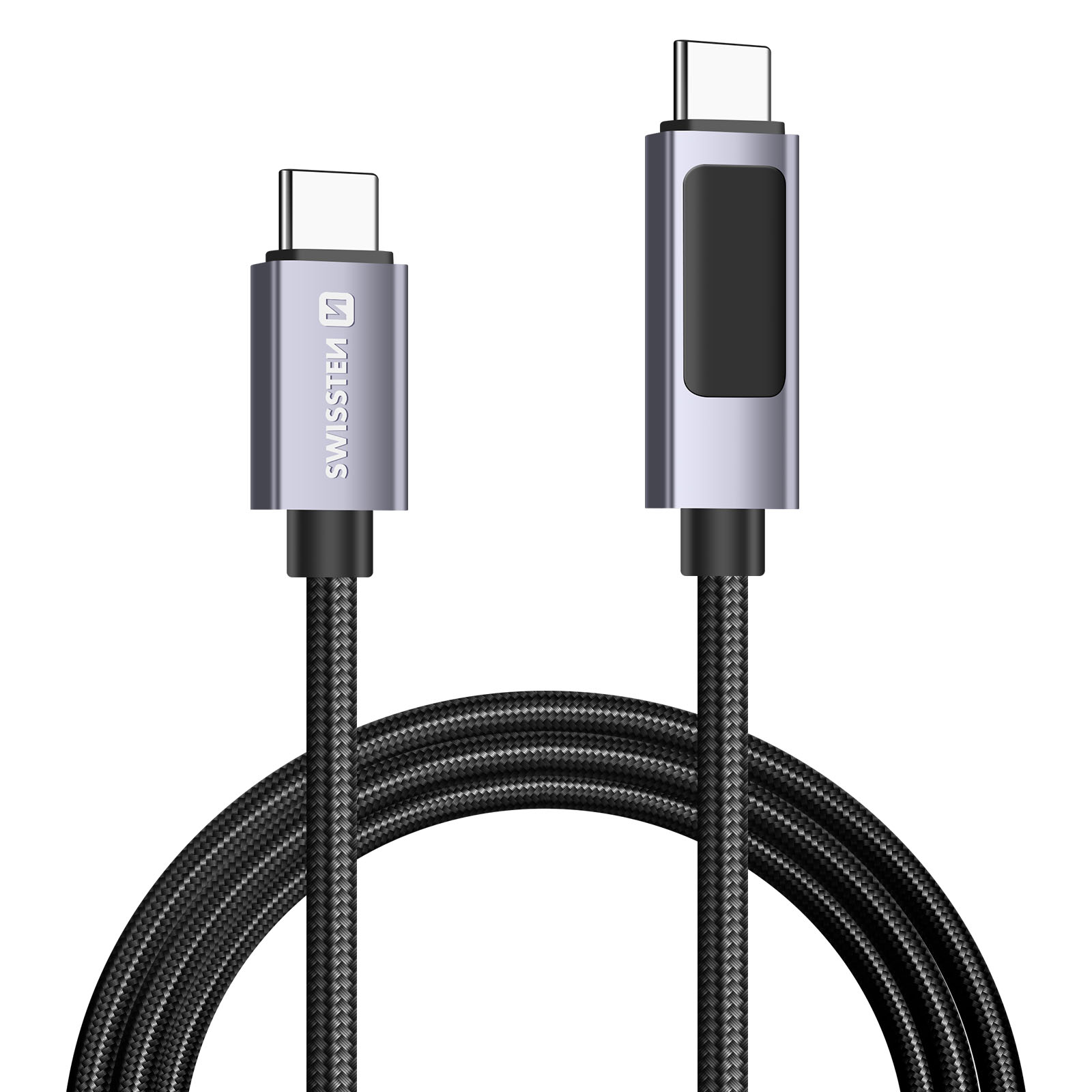 Due cavi USB-C con connettori argentati e cavi neri intrecciati su sfondo bianco.