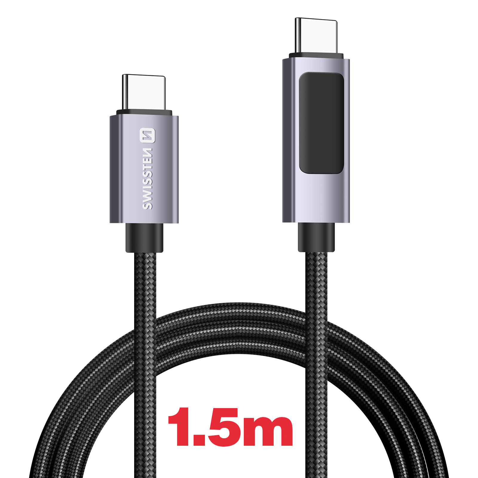 Due cavi USB-C con connettori argentati e cavi neri intrecciati. È visibile il testo "1.5m".