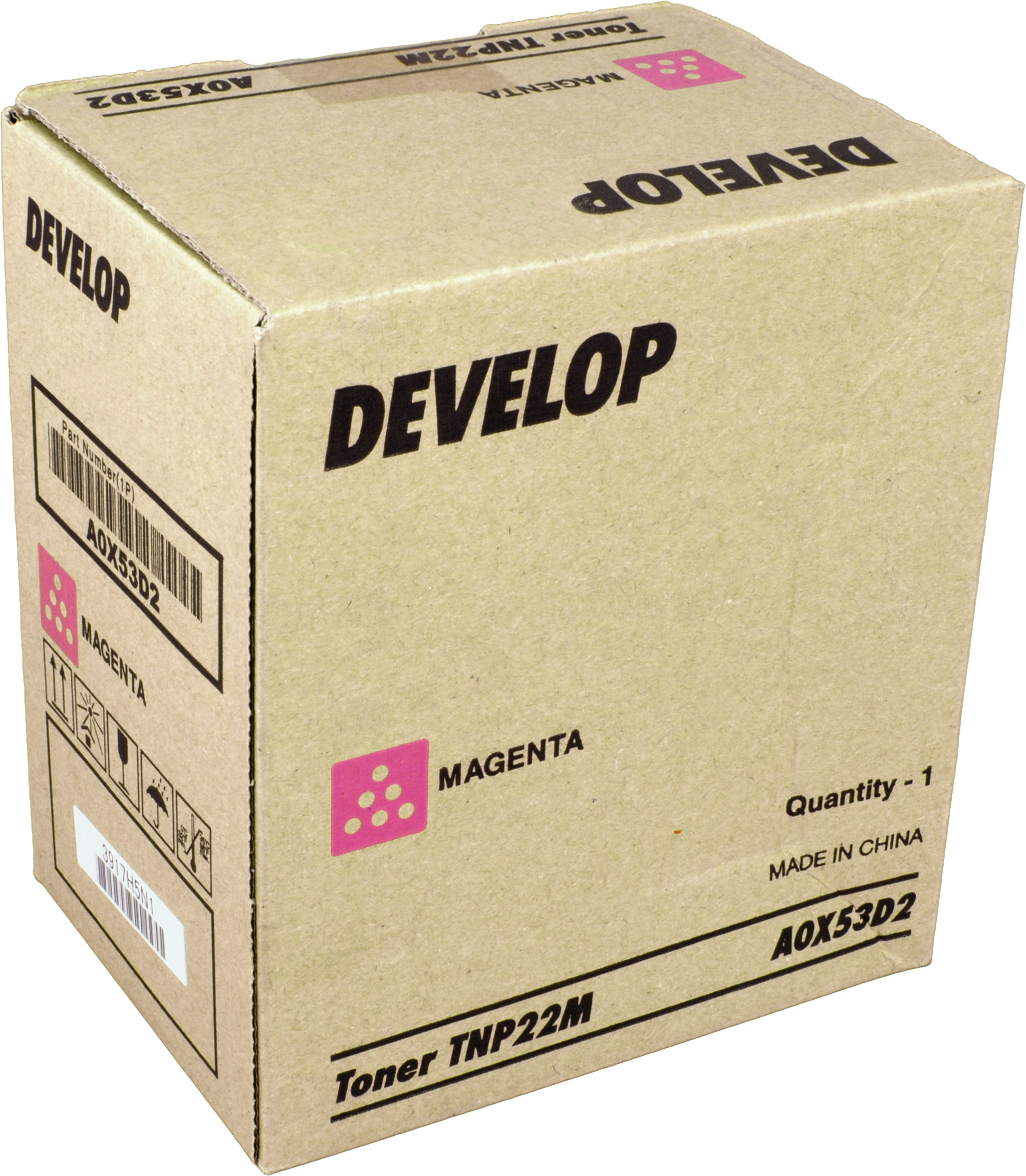 Una scatola di toner Develop magenta TNP22M AOX53D2, quantità 1, made in China.