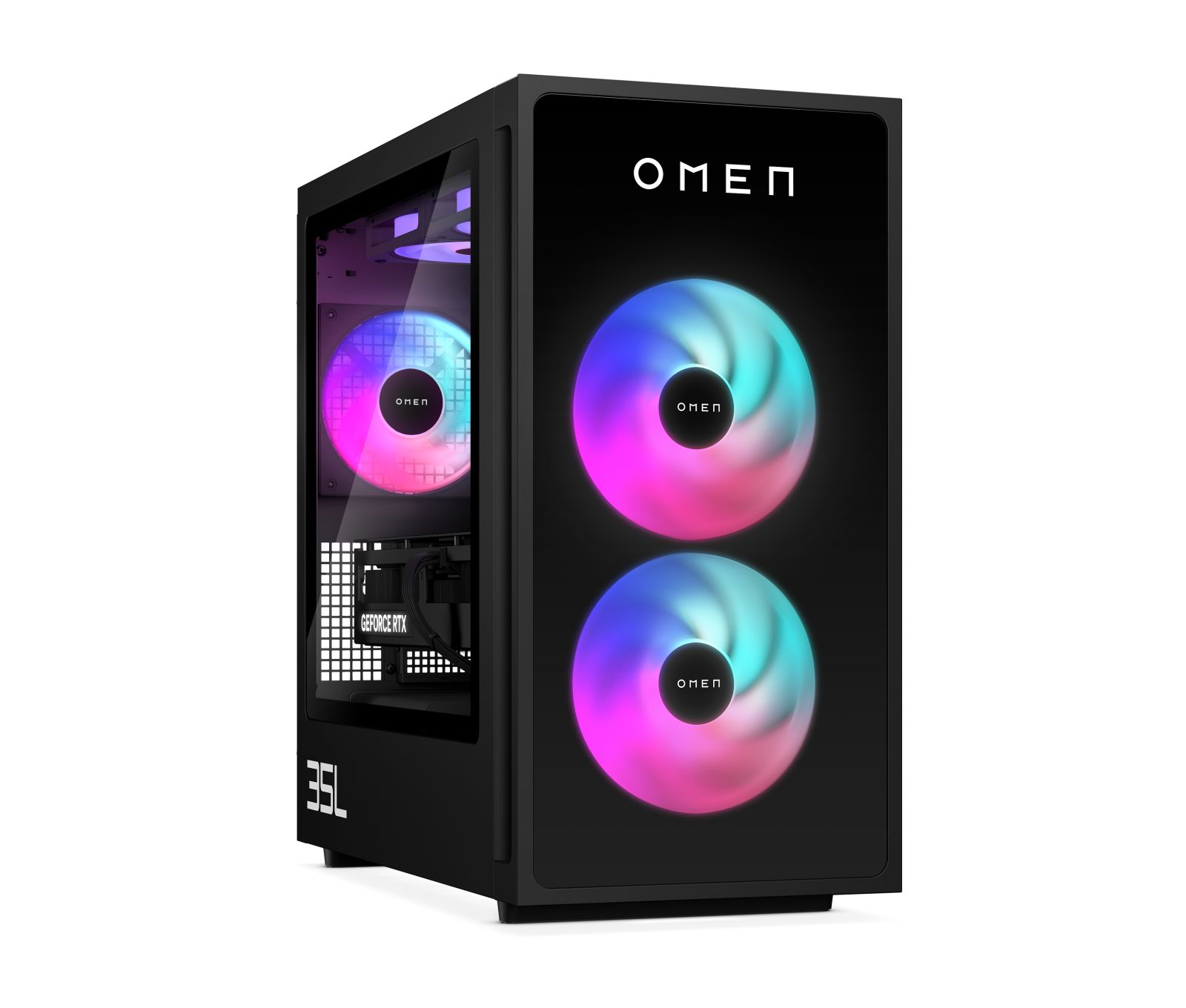 Schwarzer OMEN-Computerturm mit RGB-Lüftern und GeForce RTX-Grafikkarte.