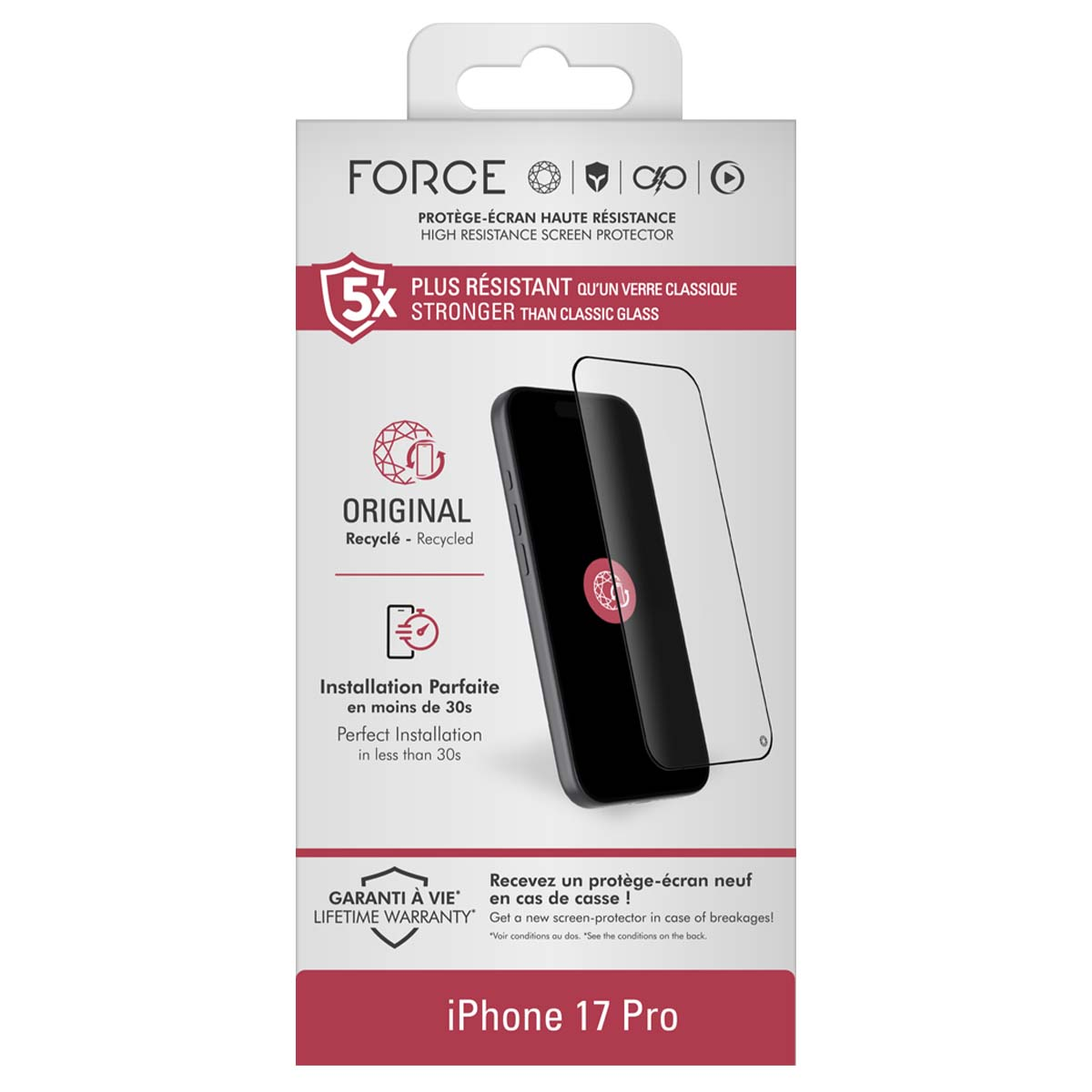 Embalaje para protector de pantalla iPhone 17 Pro, 5x más resistente.