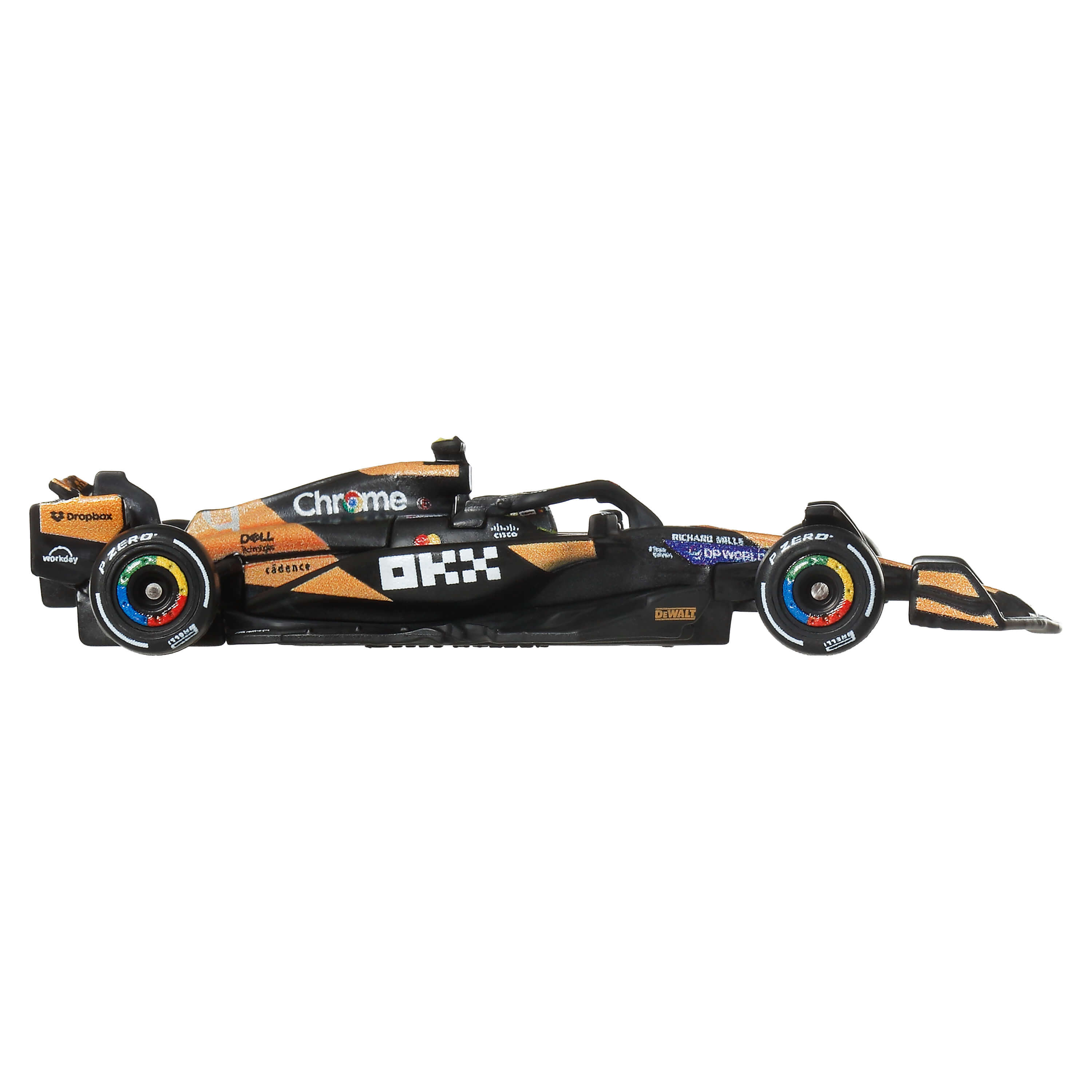 Schwarzer und oranger McLaren F1 Wagen mit Sponsoren wie Chrome und OKX auf weißem Grund.
