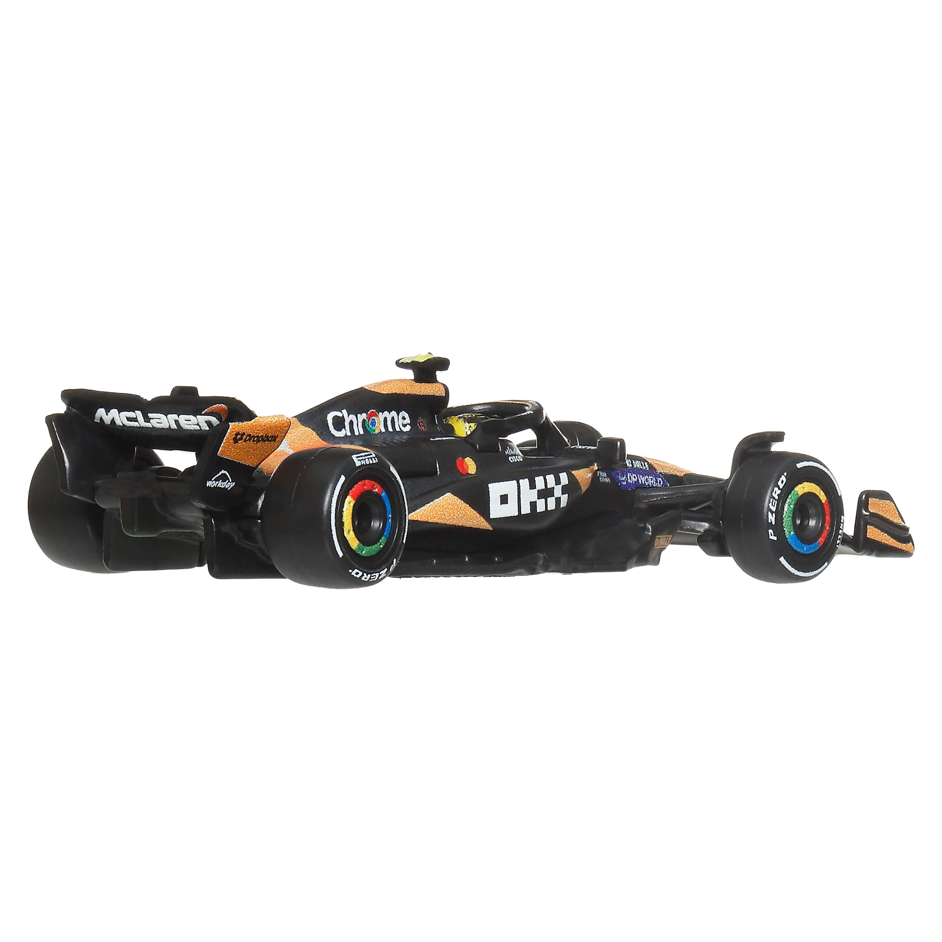 Ein schwarz-oranger McLaren Formel-1-Wagen mit regenbogenfarbenen Felgen.