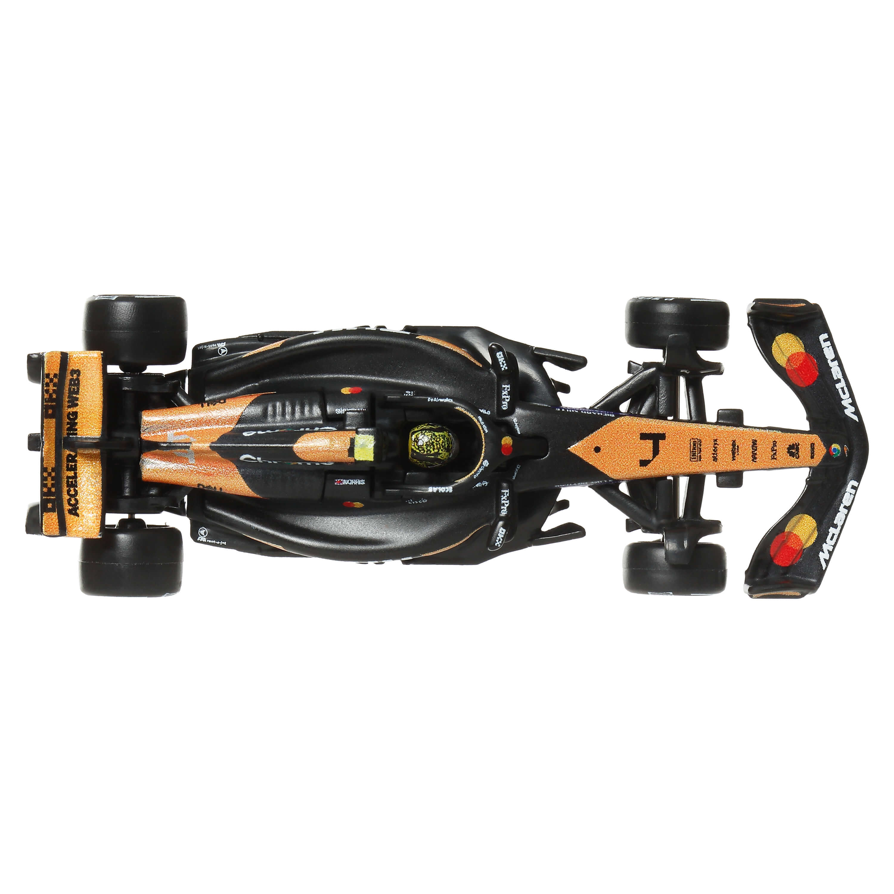 Ein schwarzer McLaren-Formel-1-Wagen mit orangen Akzenten und Sponsorenlogos.