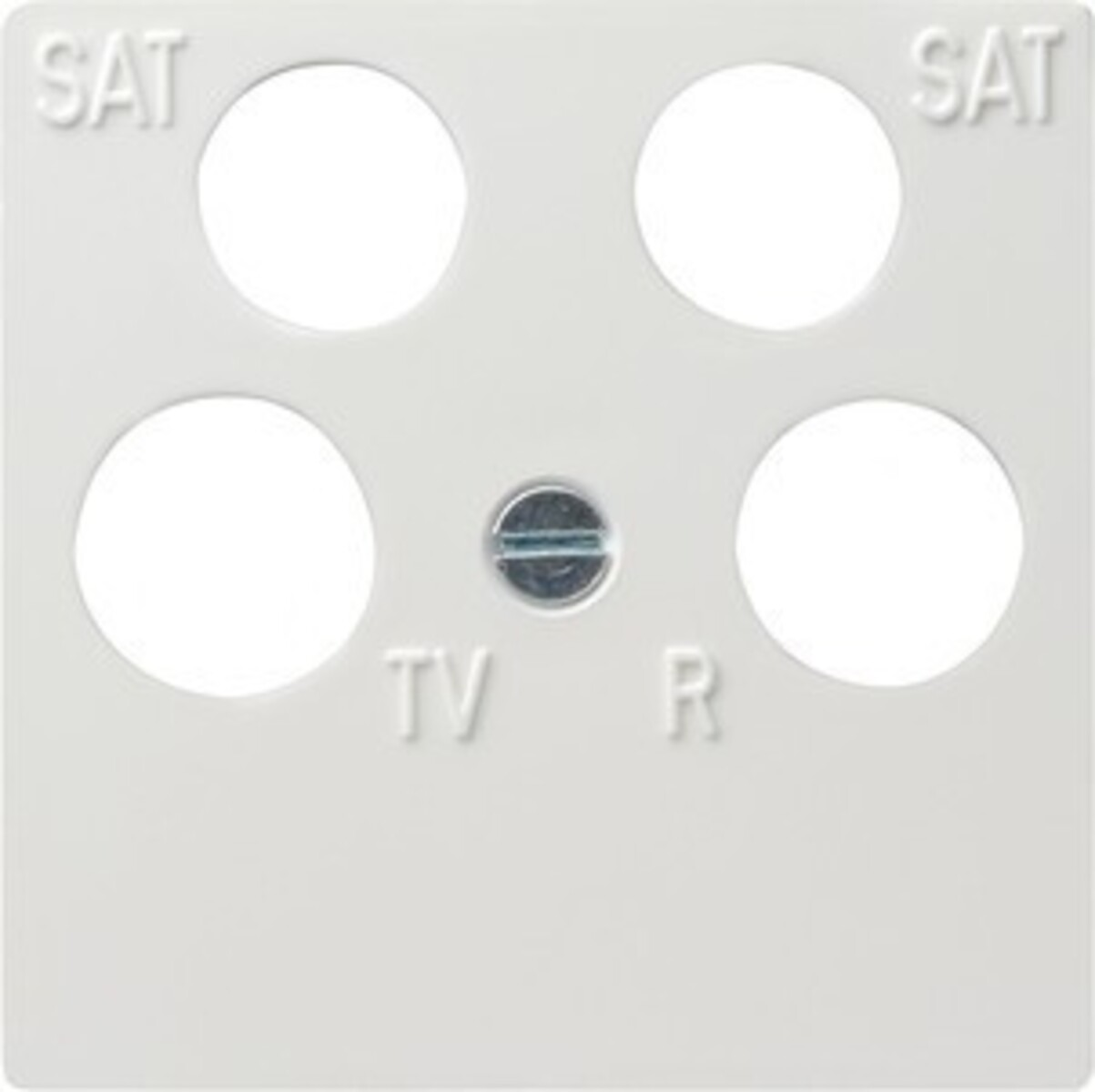 Placca bianca con quattro aperture rotonde etichettate SAT, TV, R.
