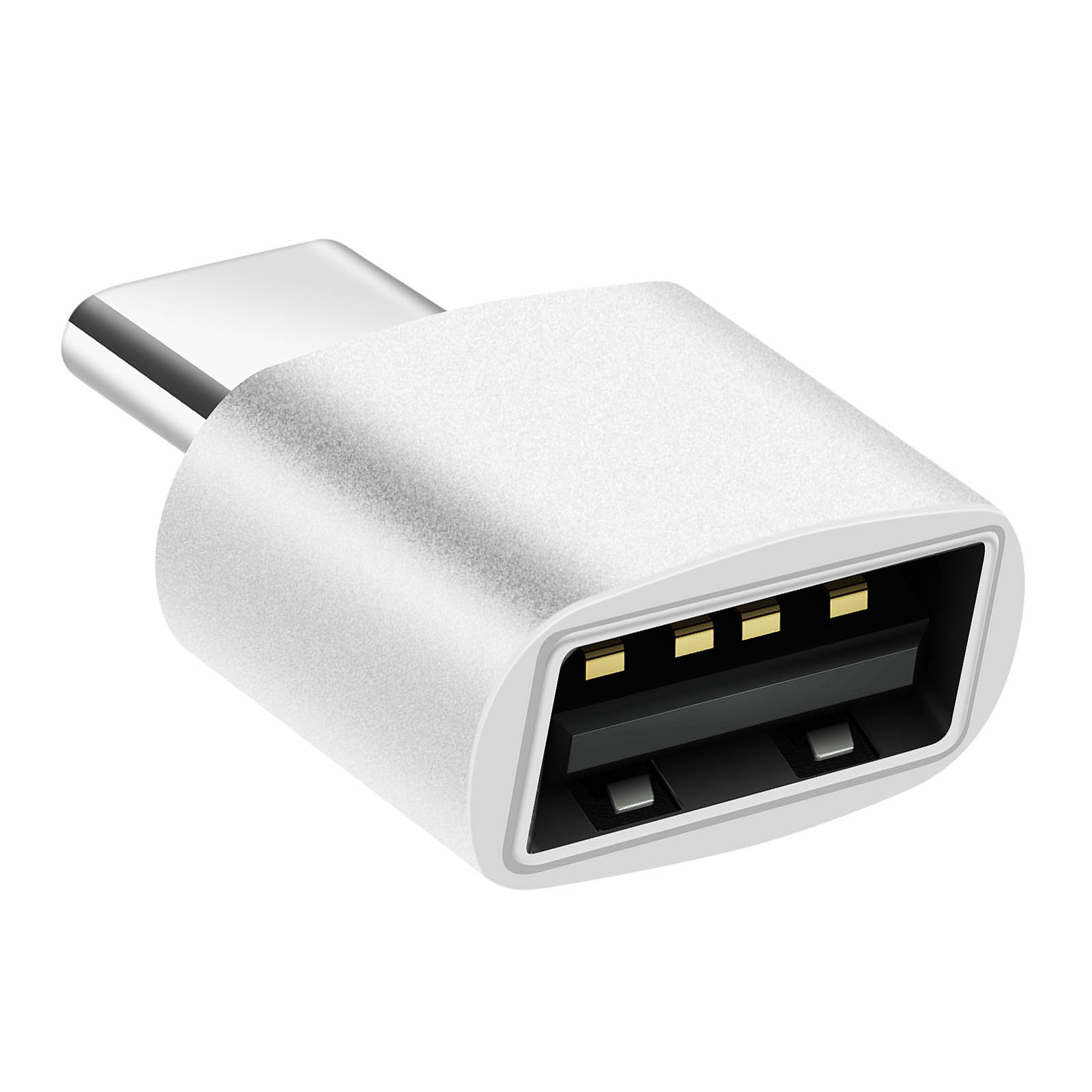 Un adattatore USB-C a USB-A bianco con connettore e porta argentati.