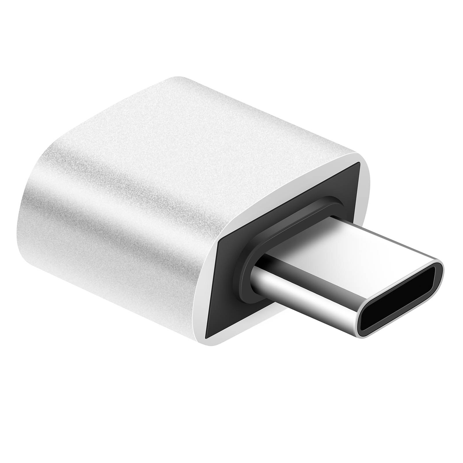 Un adattatore USB-C argentato con alloggiamento connettore nero. Il connettore è parzialmente inserito.