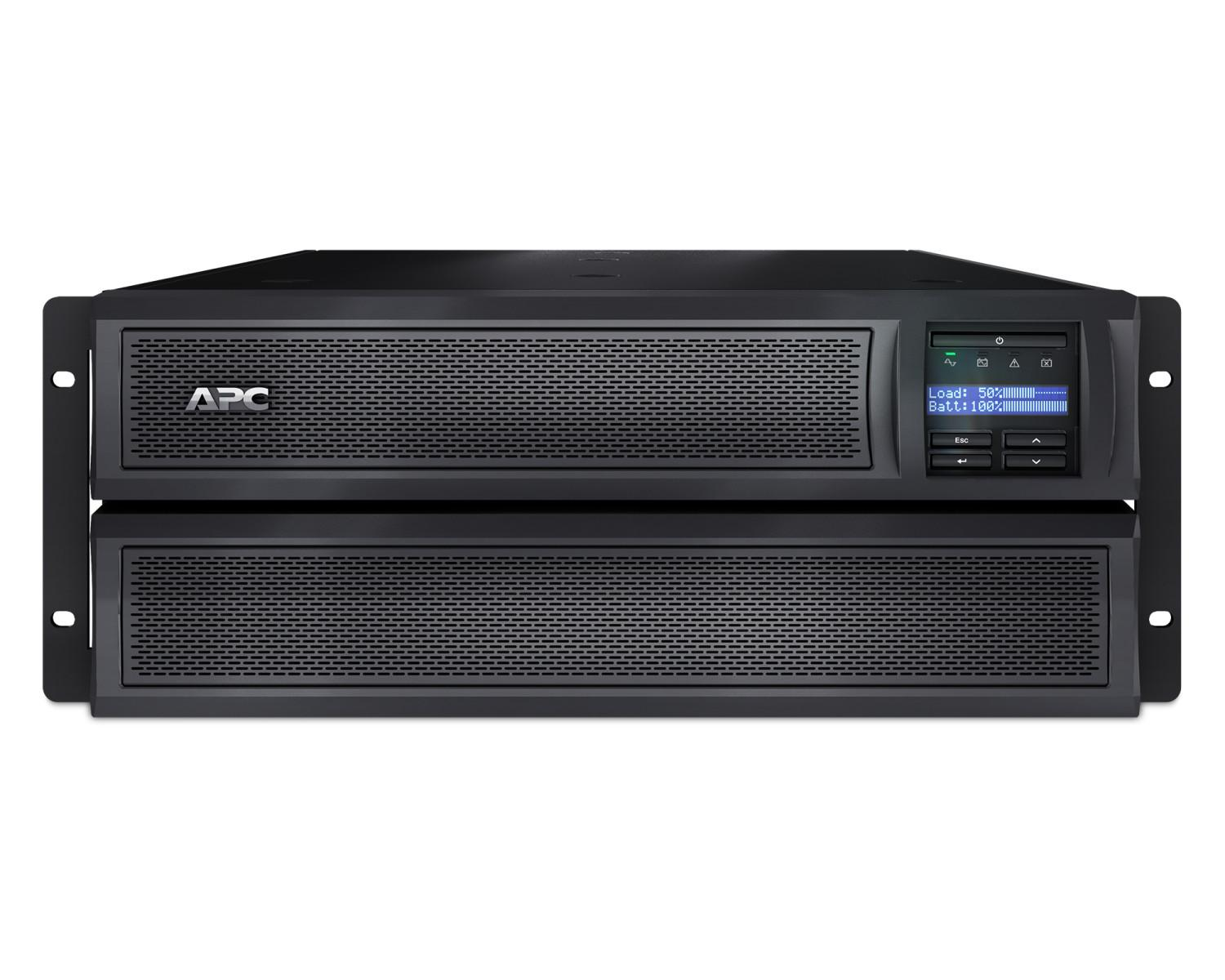 Un'unità UPS APC nera da rack con display che mostra lo stato del carico e della batteria.