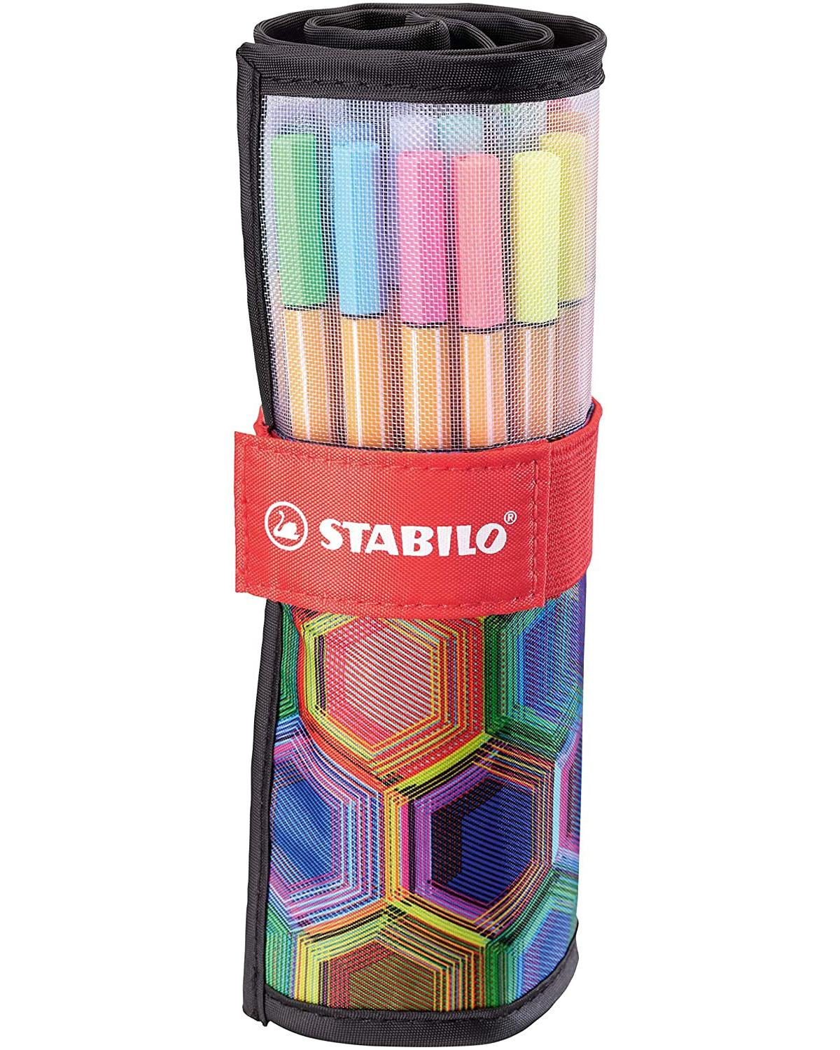 Un astuccio colorato Stabilo con motivo esagonale e penne pastello visibili.