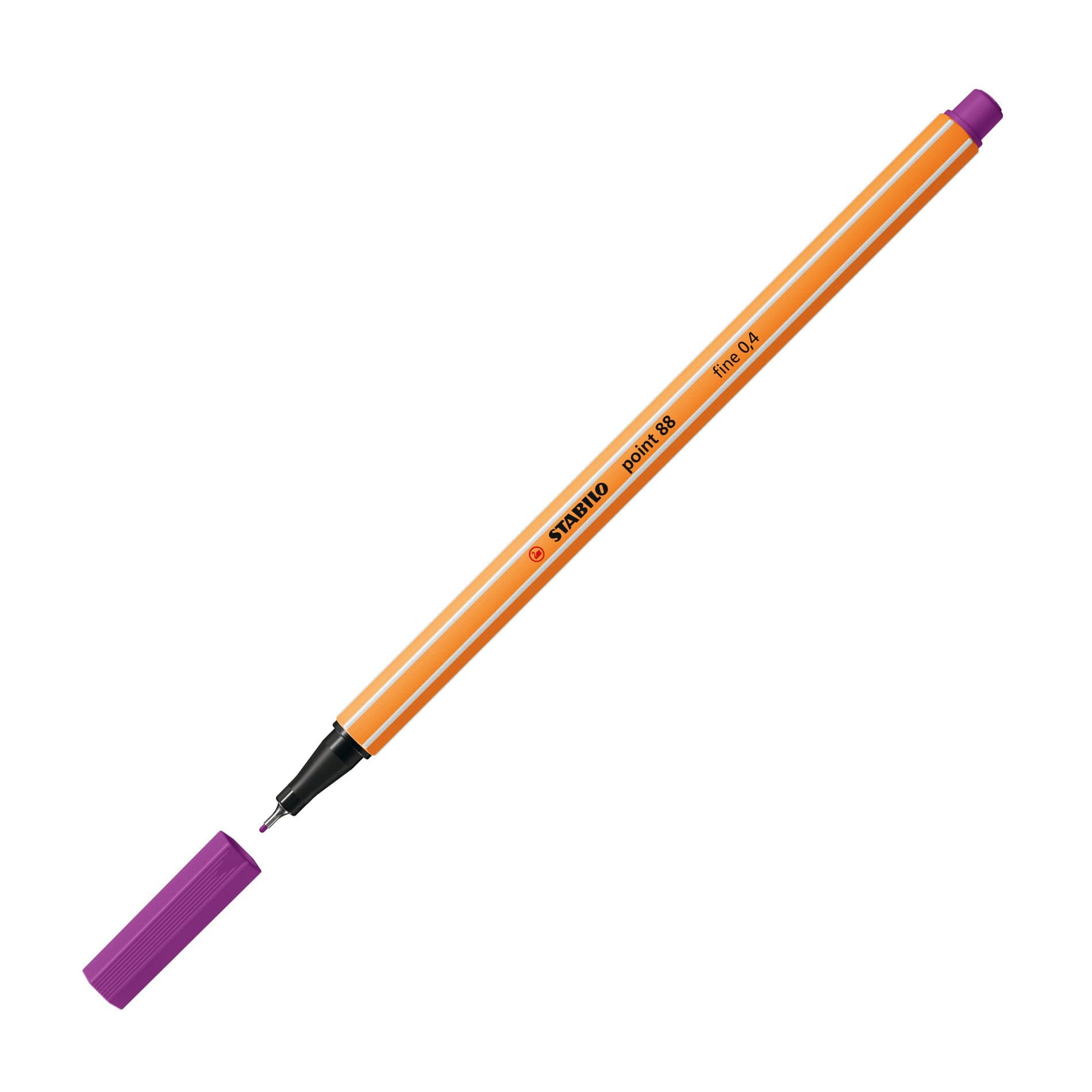 Una penna arancione e bianca con cappuccio viola accanto.
