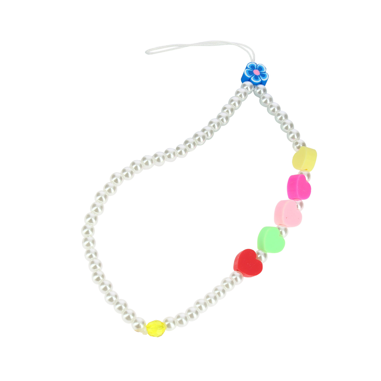 Collana di perle bianche con perline a forma di cuore colorate e un ciondolo a fiore blu.